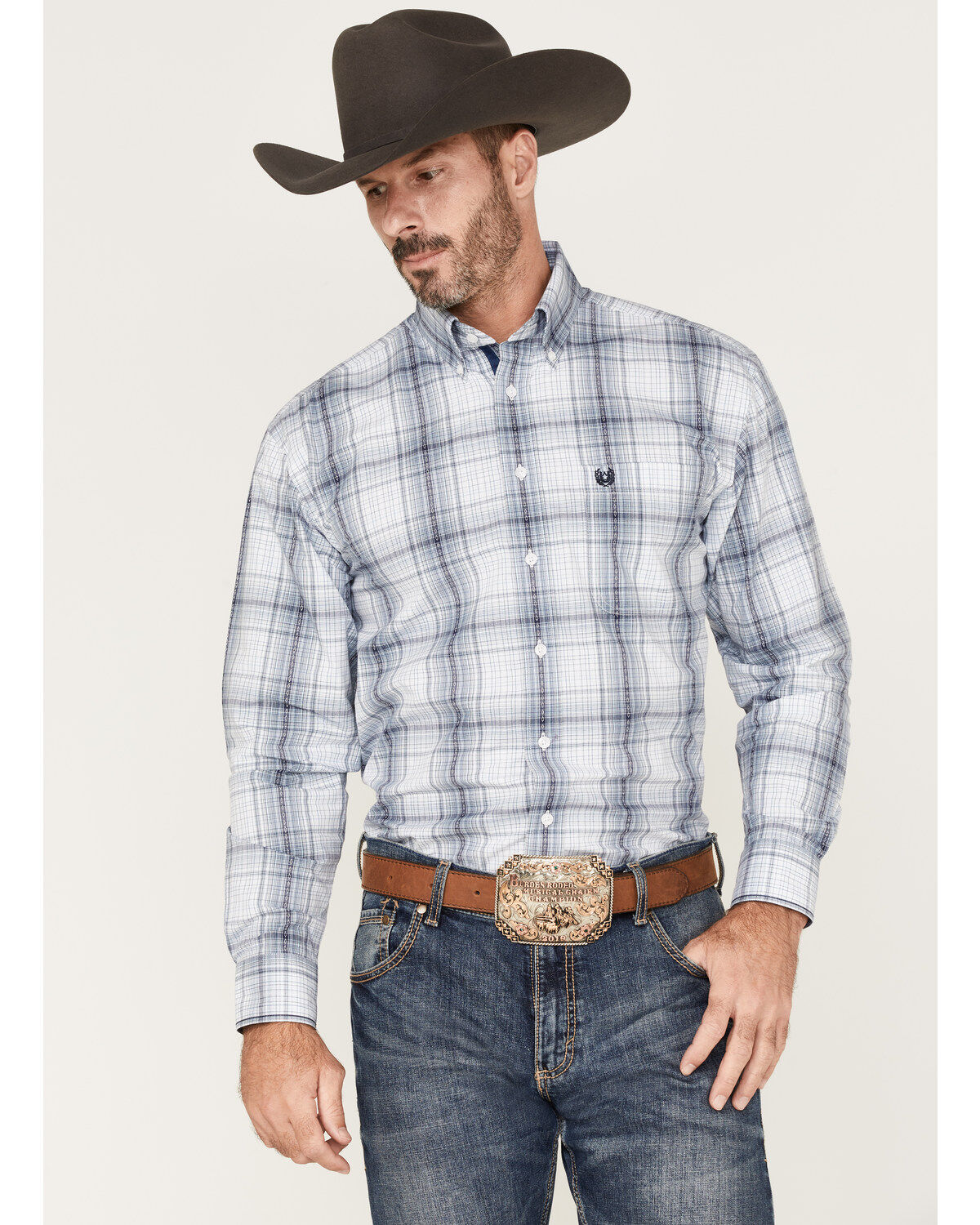 Men's Panhandle Rough Stock by Dobby Plaid Print Long Sleeve Button Do
