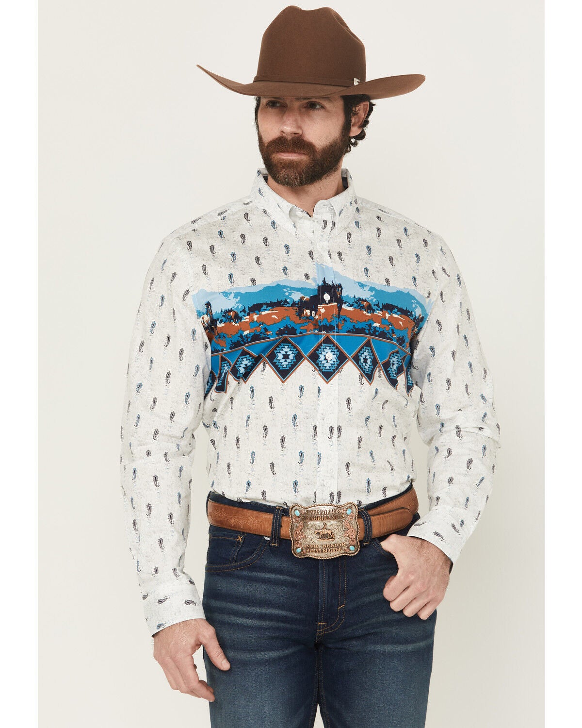 Men's RANK 45 Gavin Border Print Long Sleeve Button-Down Stretch West