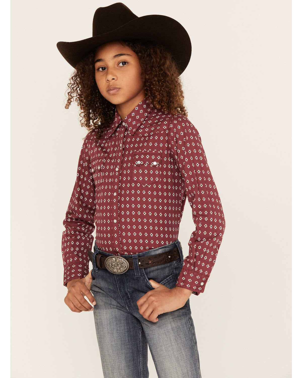 Girls' Roper Geo Print Long Sleeve Performance Pearl Snap Western Shir