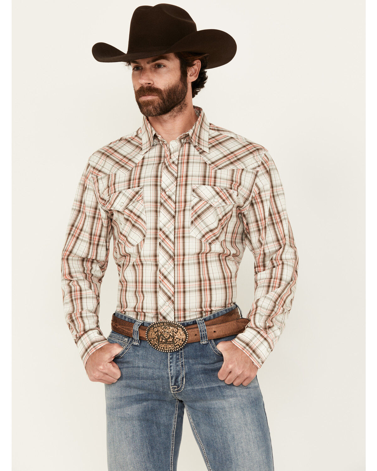 Men's Wrangler 20X Plaid Print Long Sleeve Snap Stretch Western Shirt