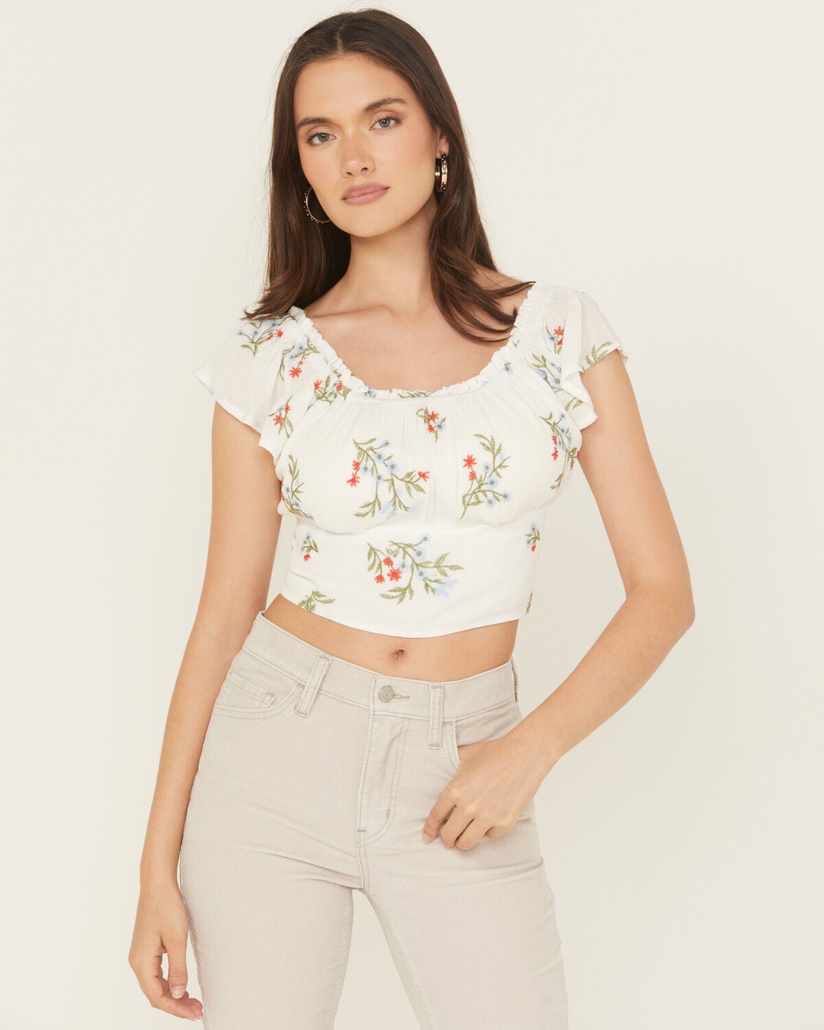 Women's Wild Moss Floral Embroidered Short Sleeve Cropped Shirt