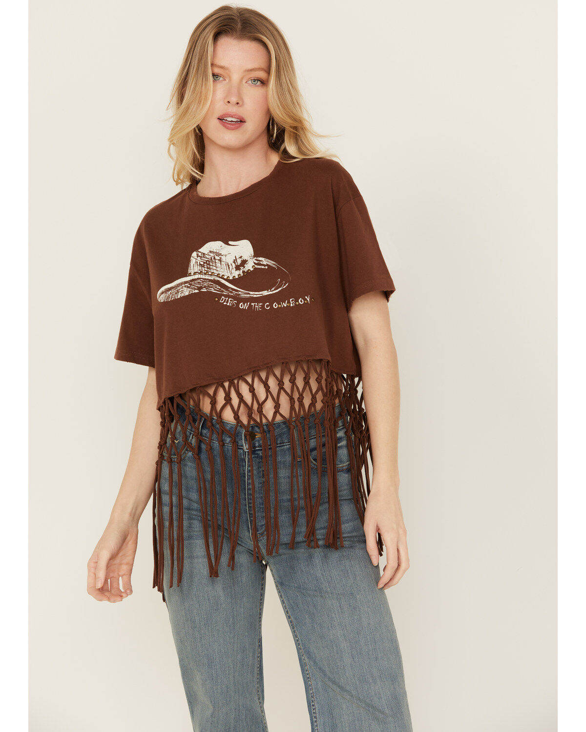 Women's Miss Me Hat Short Sleeve Fringe Graphic Tee