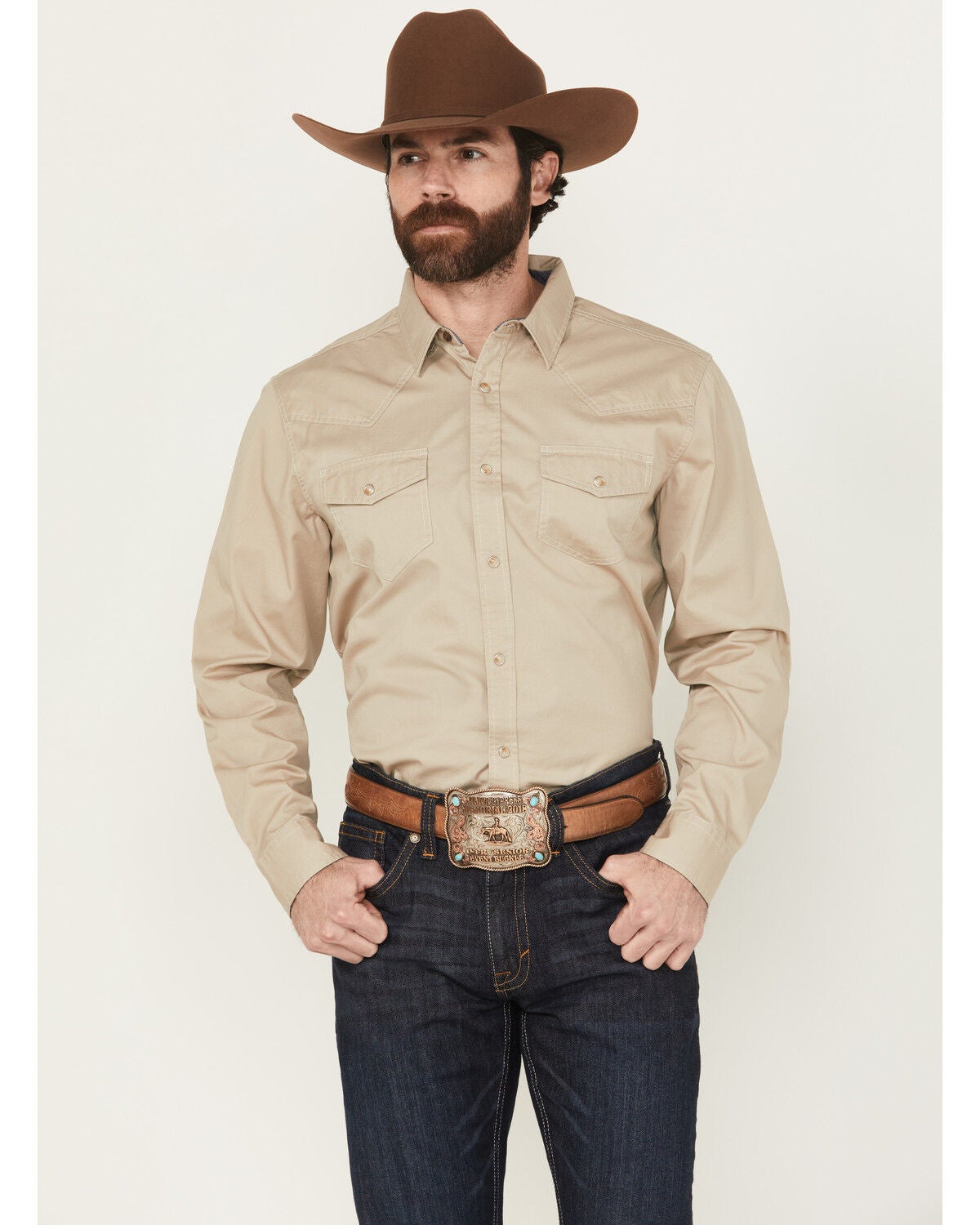 Cody James Threadstone Men’s Long Sleeve Western Snap Shirt in Solid Tan, Size M – 100% Cotton Cowboy Dress Shirt