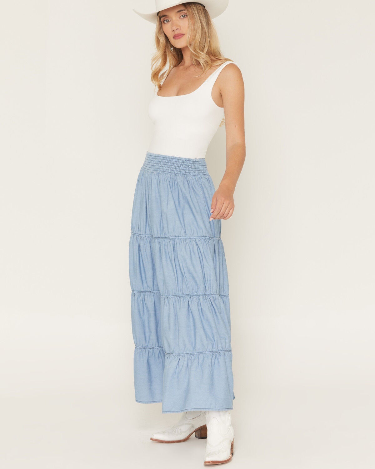 Women's Ashley Medium Washed Tiered Denim Midi Skirt