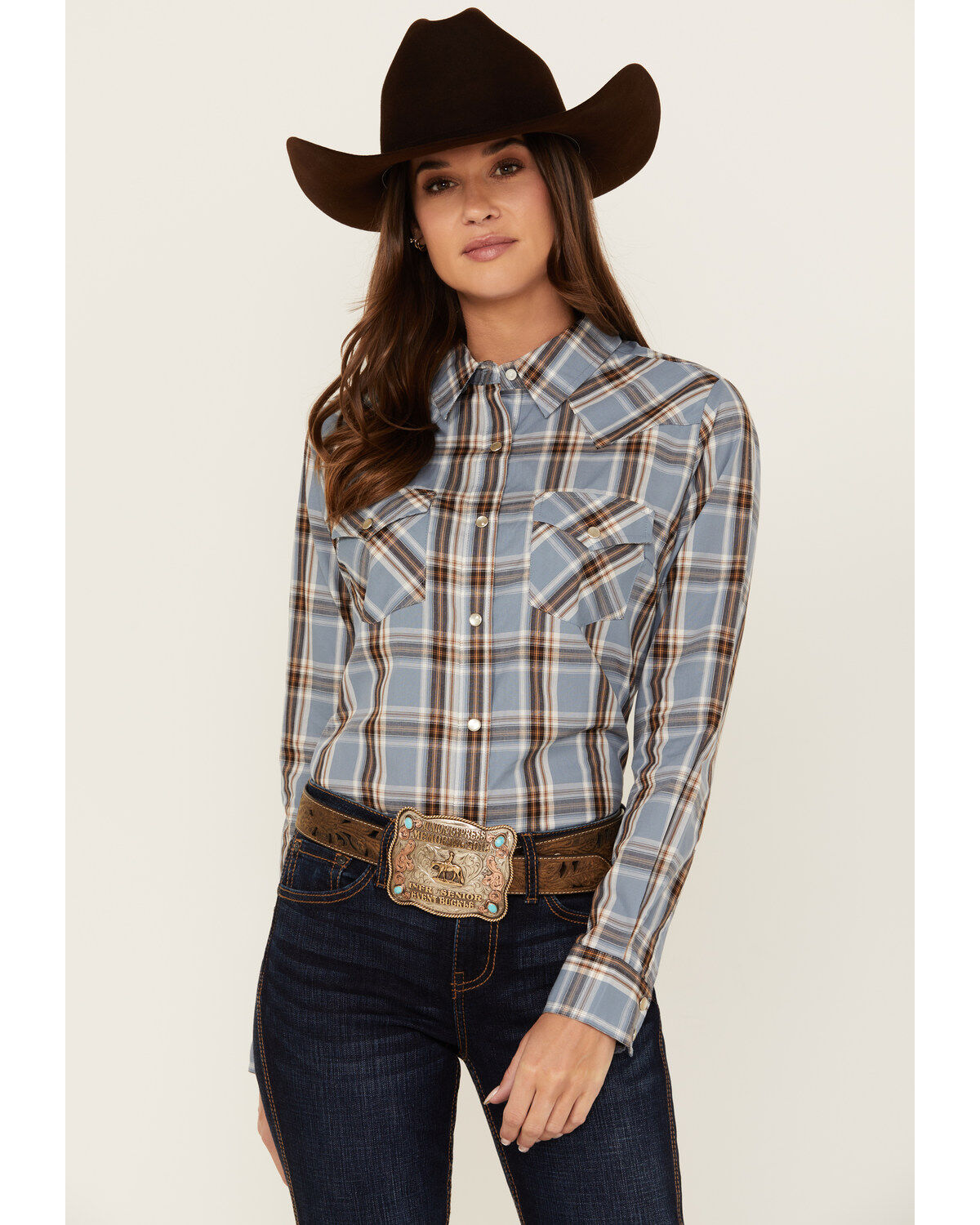Women's Wrangler Plaid Print Long Sleeve Pearl Snap Western Shirt