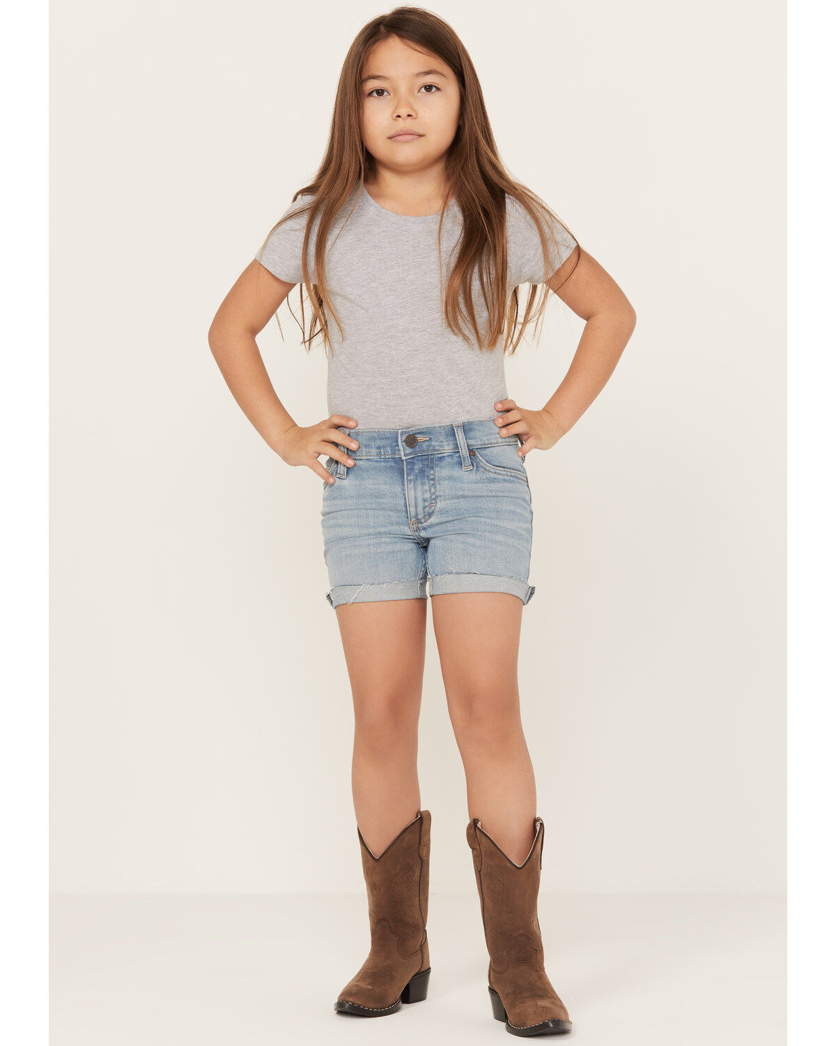Girls' Wrangler Light Wash Cuffed Daisy Embroidered Jean Shorts