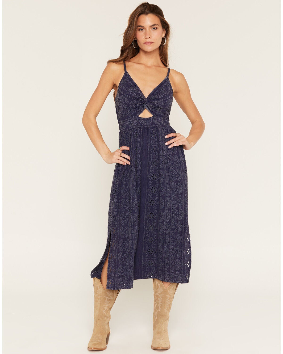 Women's Angie Acid Washed Eyelet Sleeveless Midi Dress