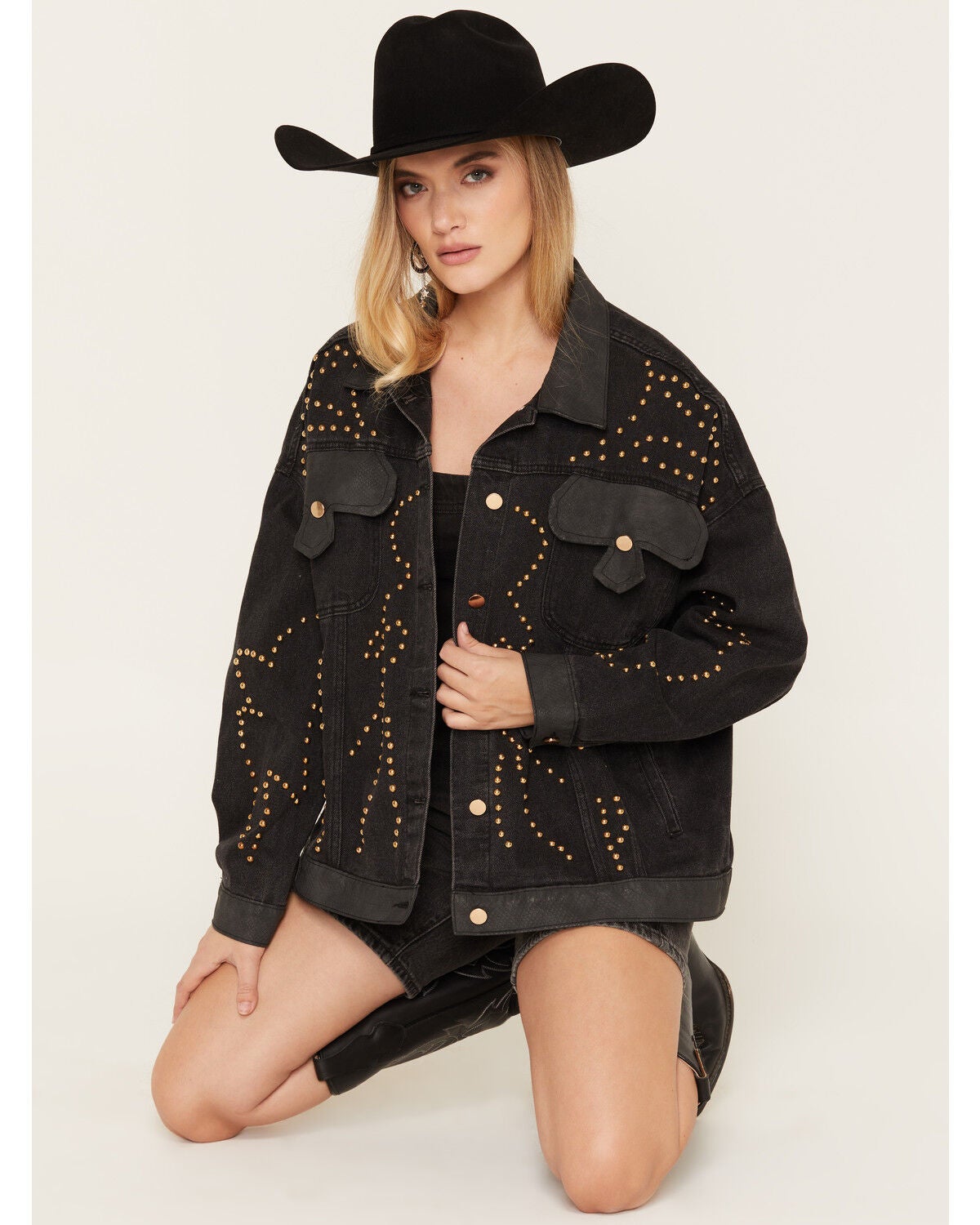 Women's Azalea Wang Studded Button-Down Denim Jacket