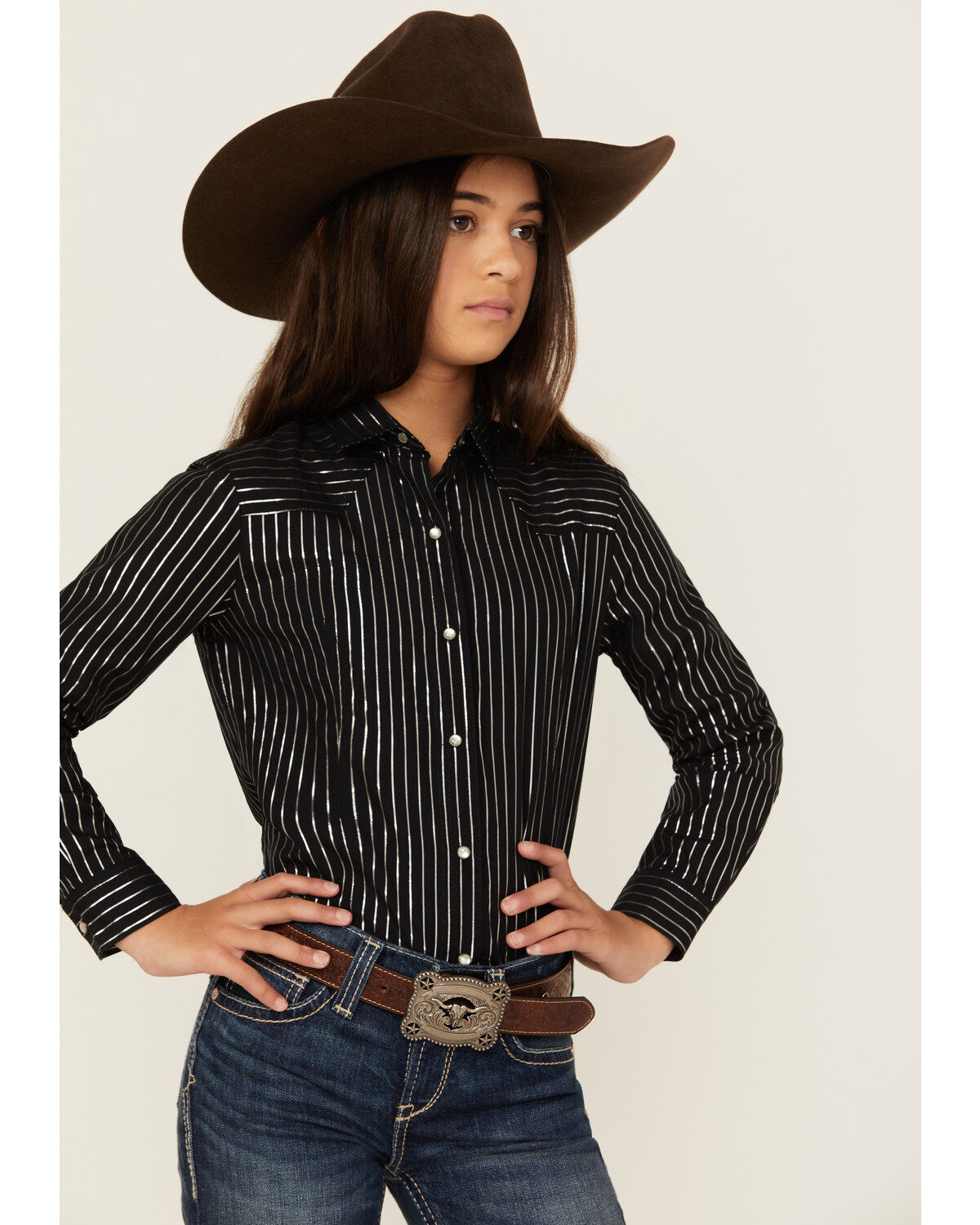 Girls' Cruel Girl Metallic Striped Long Sleeve Pearl Snap Western Shir