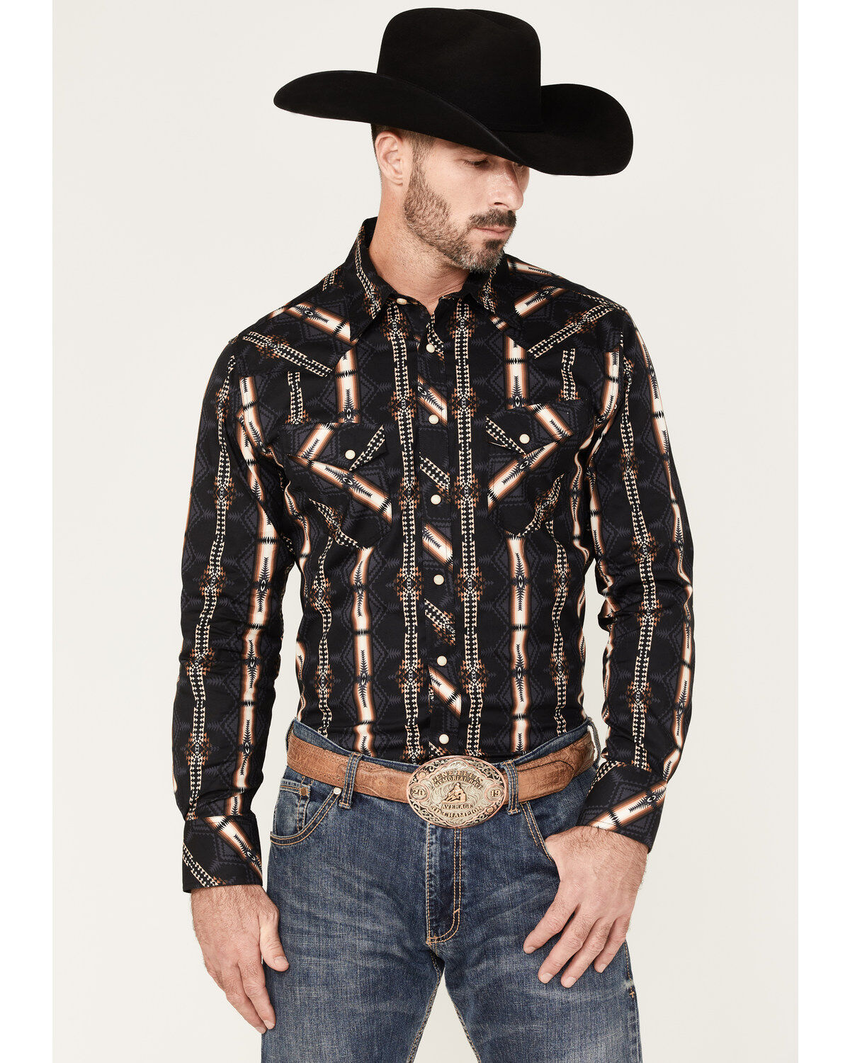 Men's Rock & Roll Denim Southwestern Stretch Long Sleeve Snap Shirt