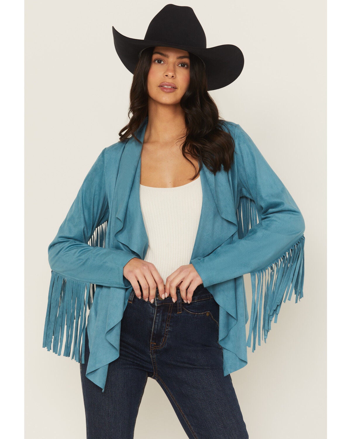 Shyanne Women’s Faux Suede Fringe Jacket in Turquoise – Cascade Shawl Collar Western Jacket, Size Large
