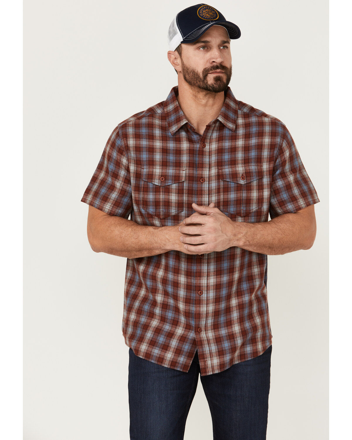 Men's Brothers and Sons Plaid Casual Woven Short Sleeve Button-Down We
