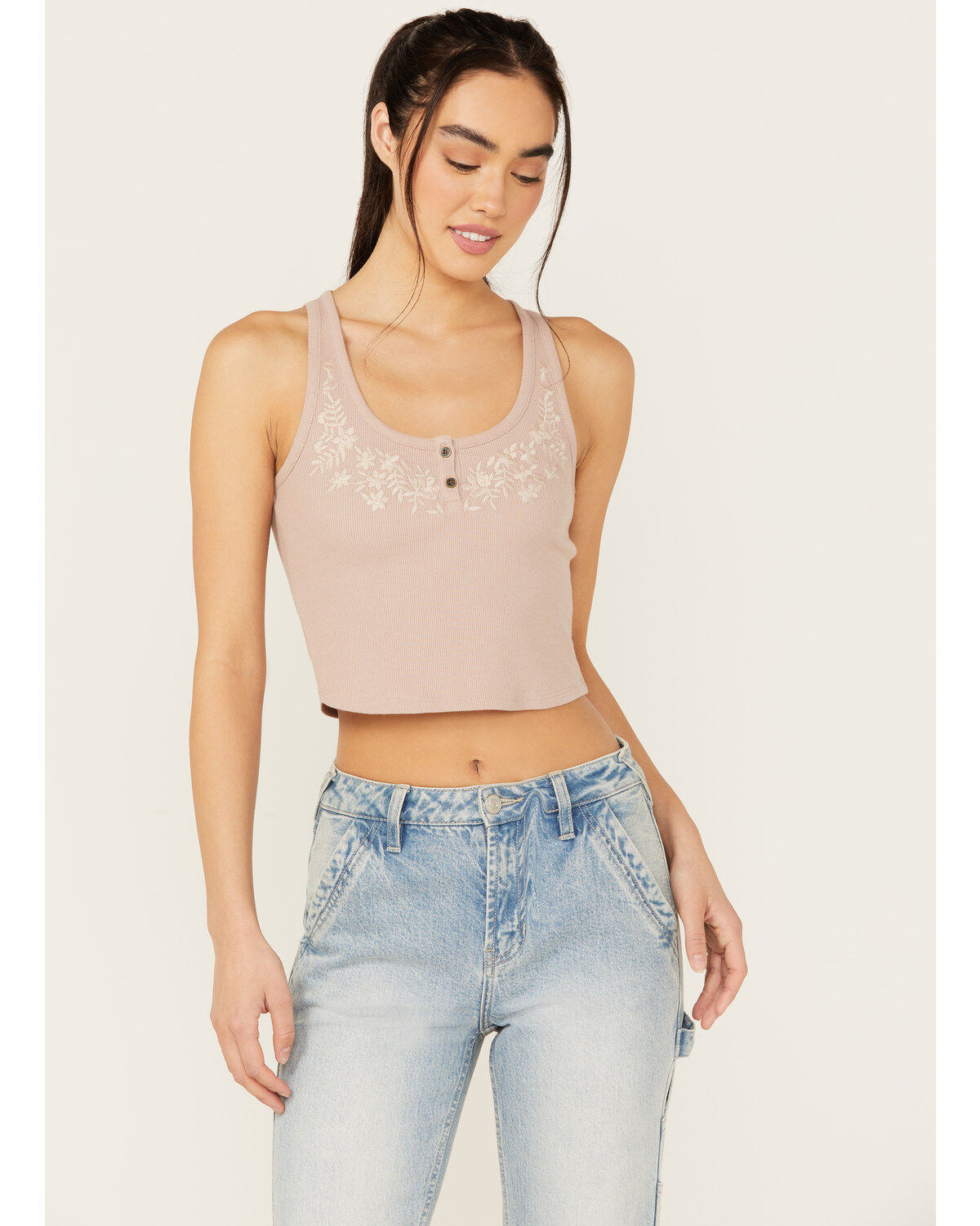 Women's Cleo + Wolf Aurora Embroidered Henley Rib Knit Tank