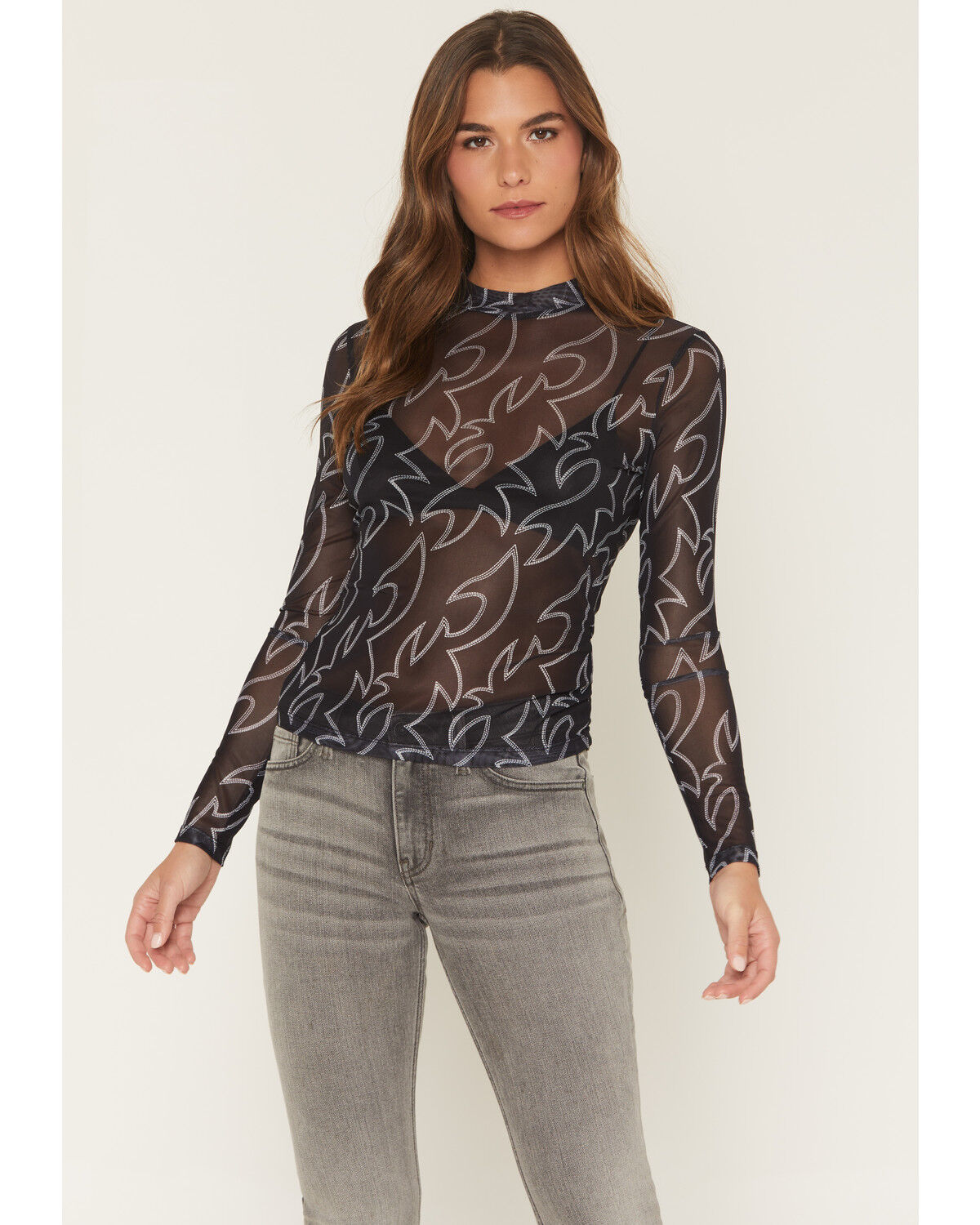 Women's Blue B Boot Stitch Mesh Long Sleeve Shirt