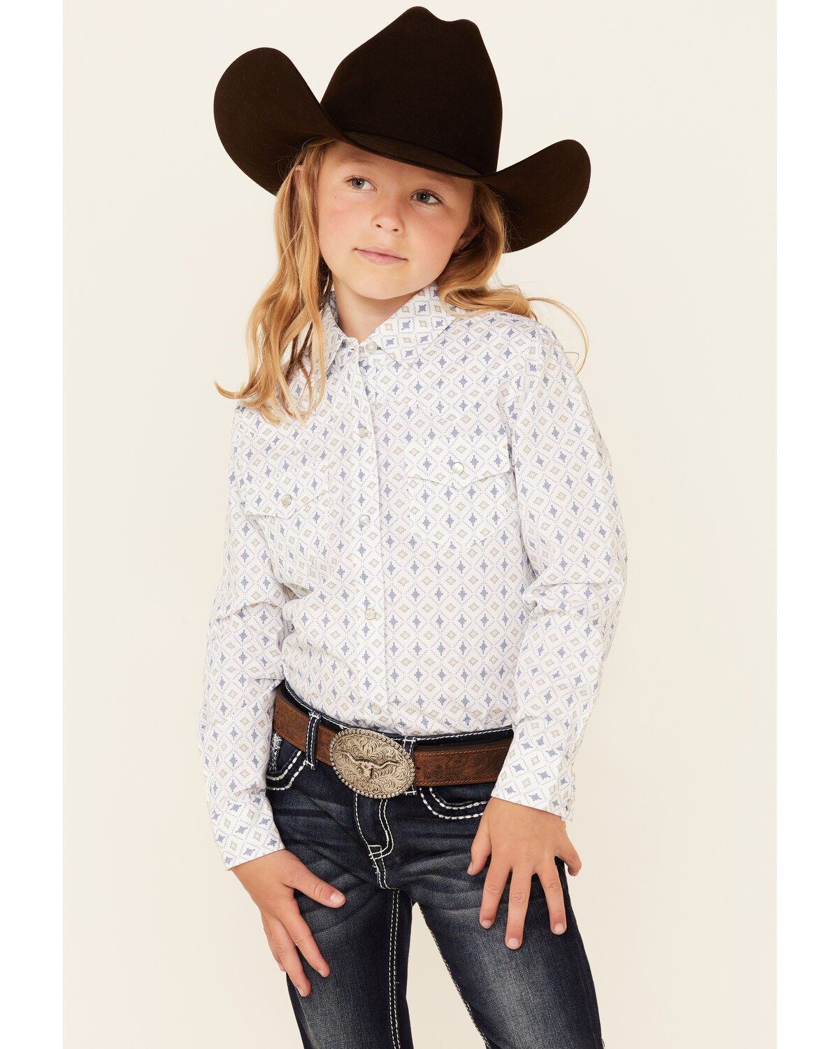 Girls' Ely Walker Southwestern Geo Print Long Sleeve Pearl Snap Wester