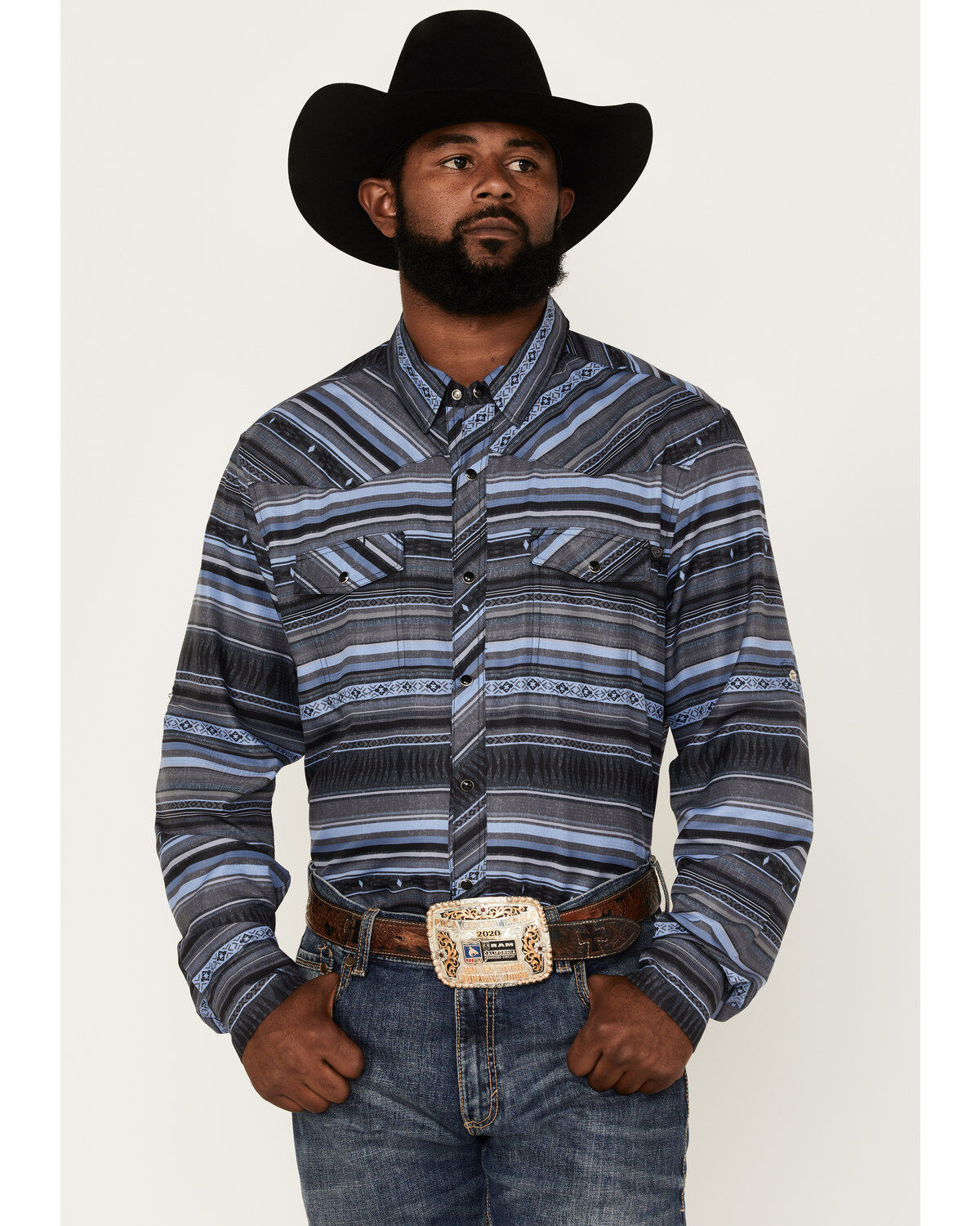 Men's Rock & Roll Denim Tek Striped Long Sleeve Snap Western Shirt