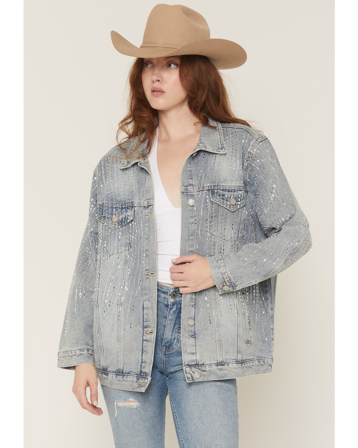 Women's Azalea Wang Light Wash Embellished Button-Down Denim Jacket