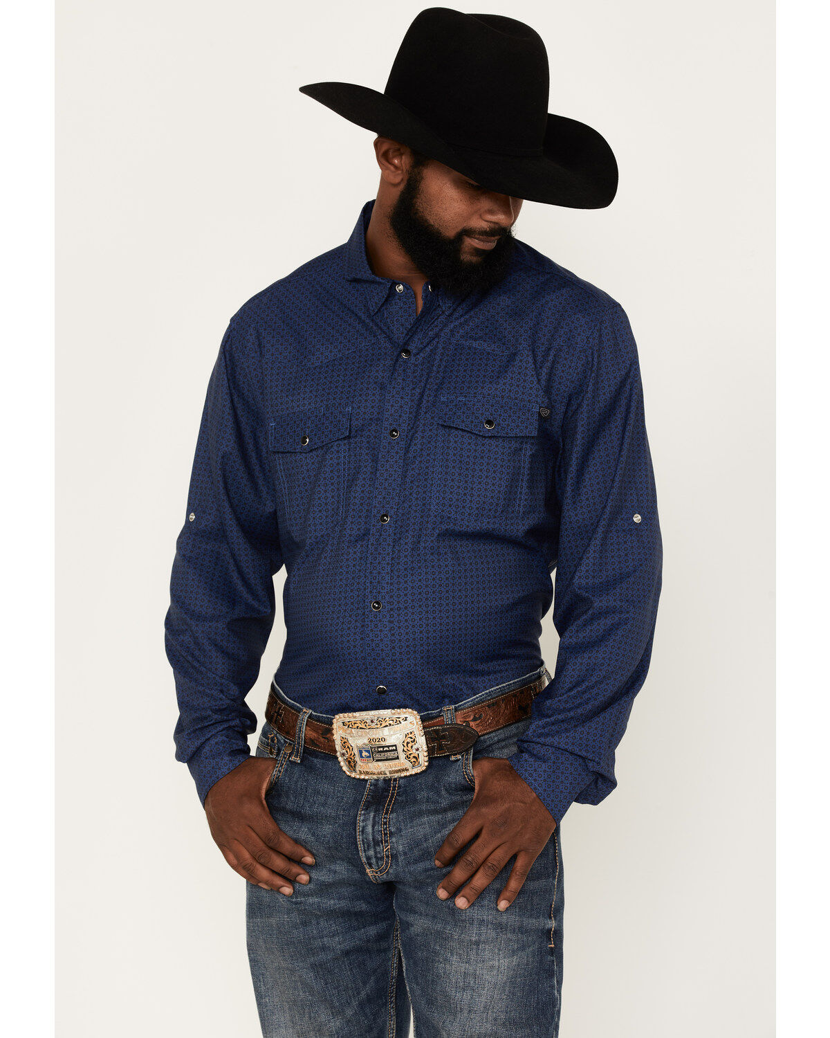 Men's Rock & Roll Denim Tek Geo Pattern Long Sleeve Snap Western Shirt