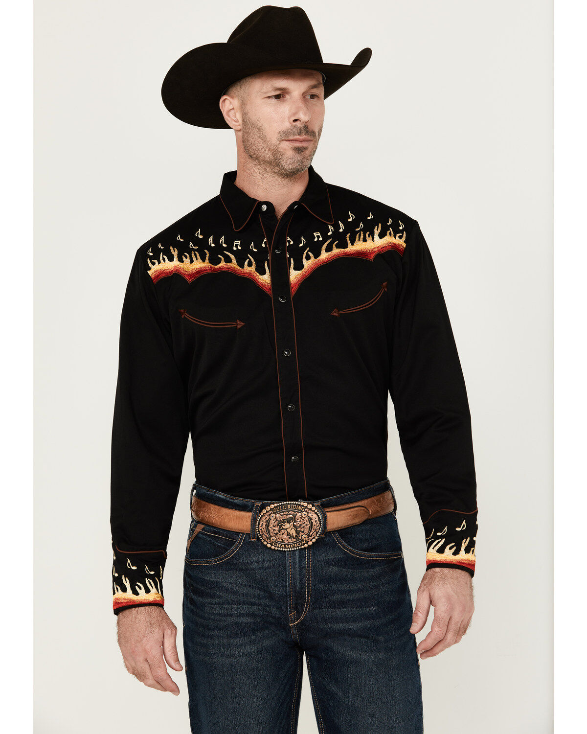 Men's Scully Music Note Flame Embroidered Long Sleeve Snap Western Shi