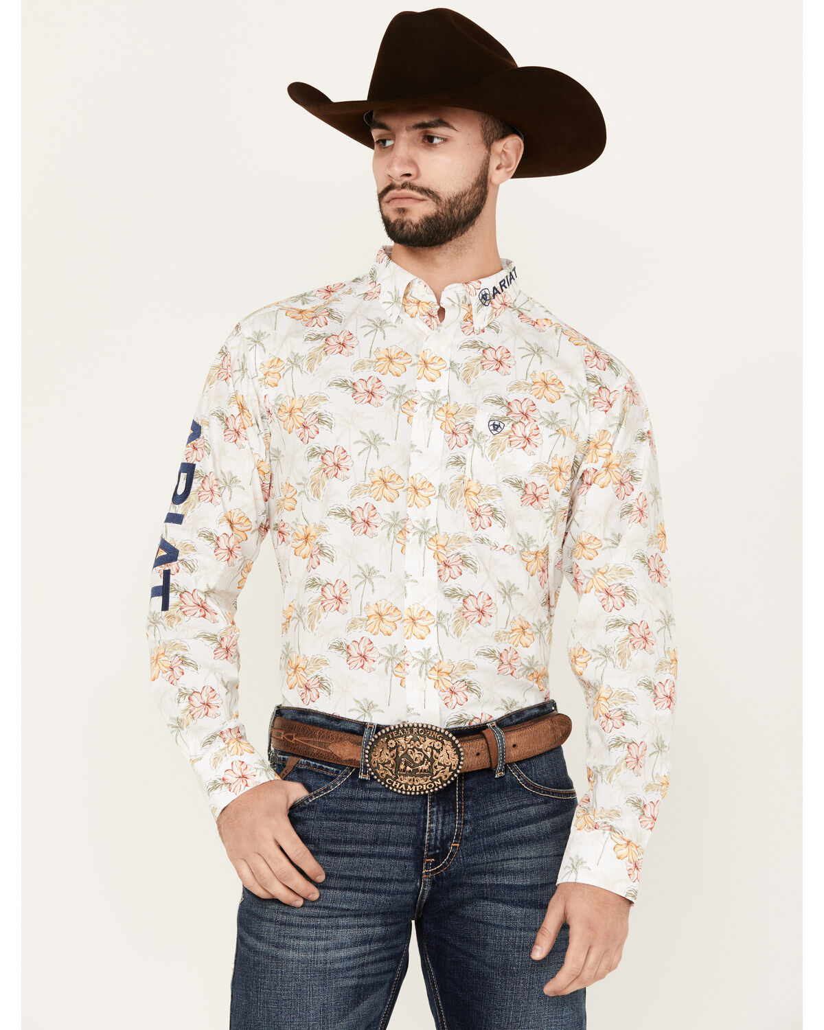 Men's Ariat Team Charlie Floral Print Logo Long Sleeve Button-Down Wes
