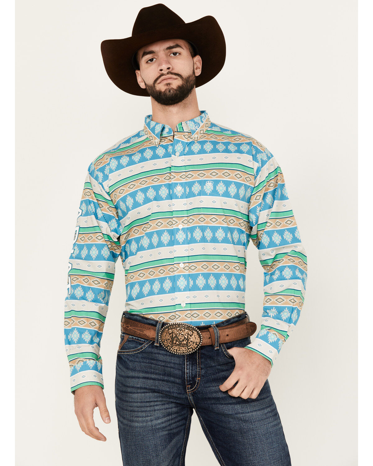 Men's Ariat Team Christian Horz Southwestern Striped Long Sleeve Butto