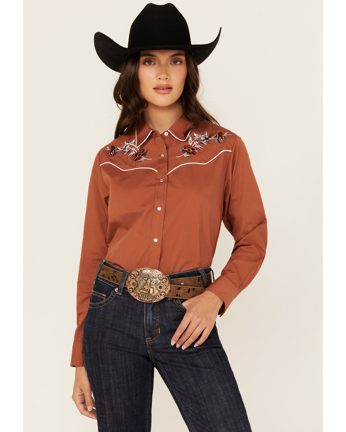Women's Ely Walker Floral Embroidered Long Sleeve Pearl Snap Western S