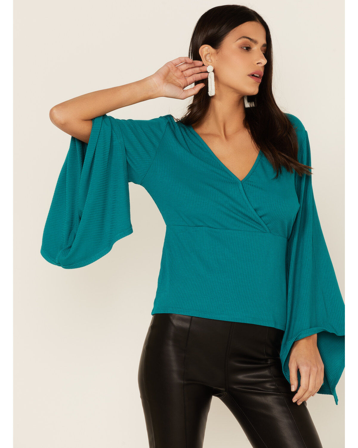 Women's Wrangler Teal Surplice Knit Bell Sleeve Top