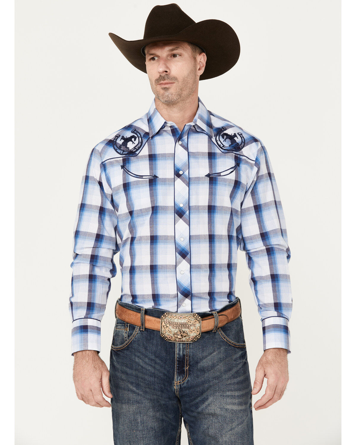 Men's Roper Embroidered Plaid Print Long Sleeve Pearl Snap Western Shi