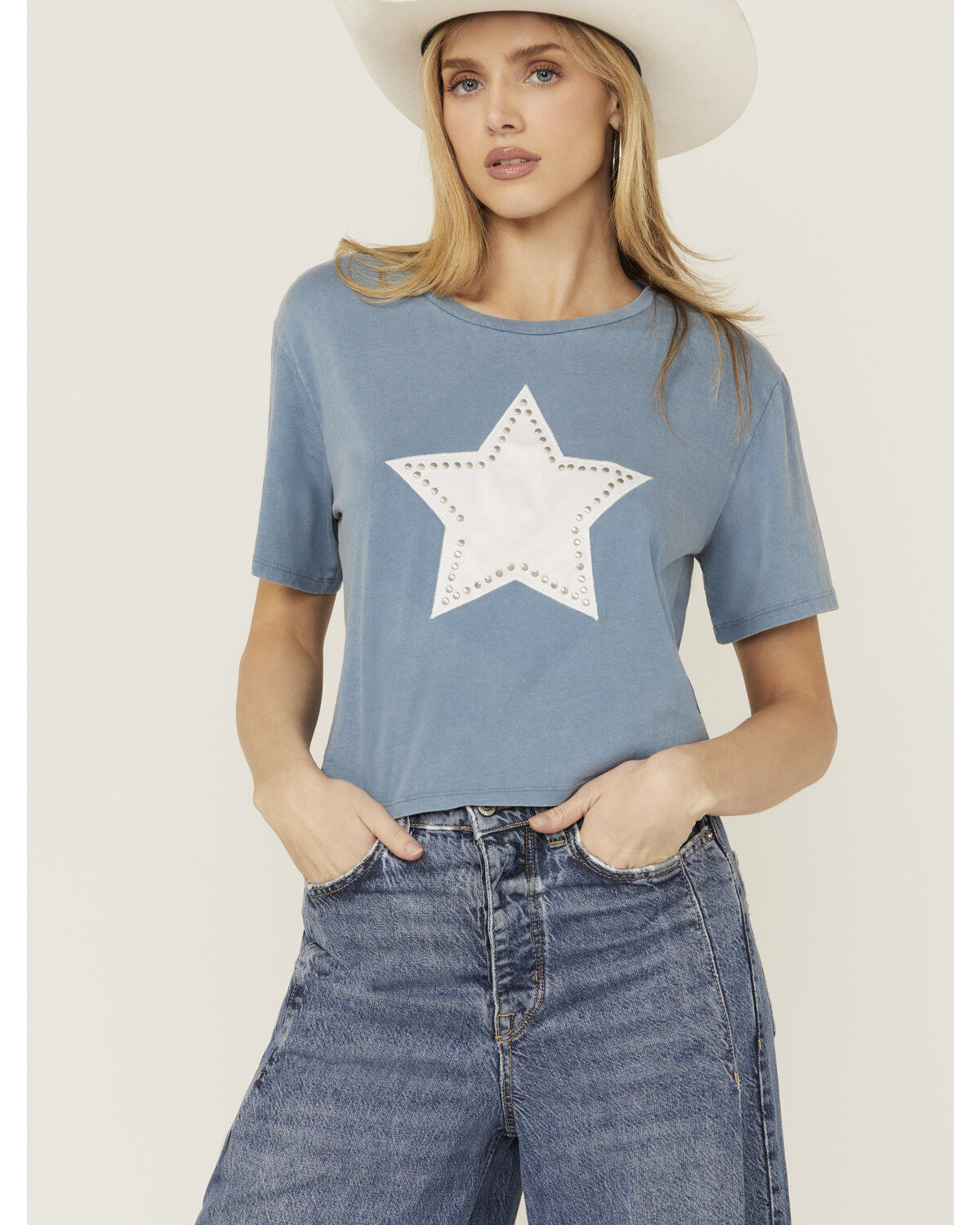 Women's Rock & Roll Denim Studded Star Short Sleeve Graphic Tee