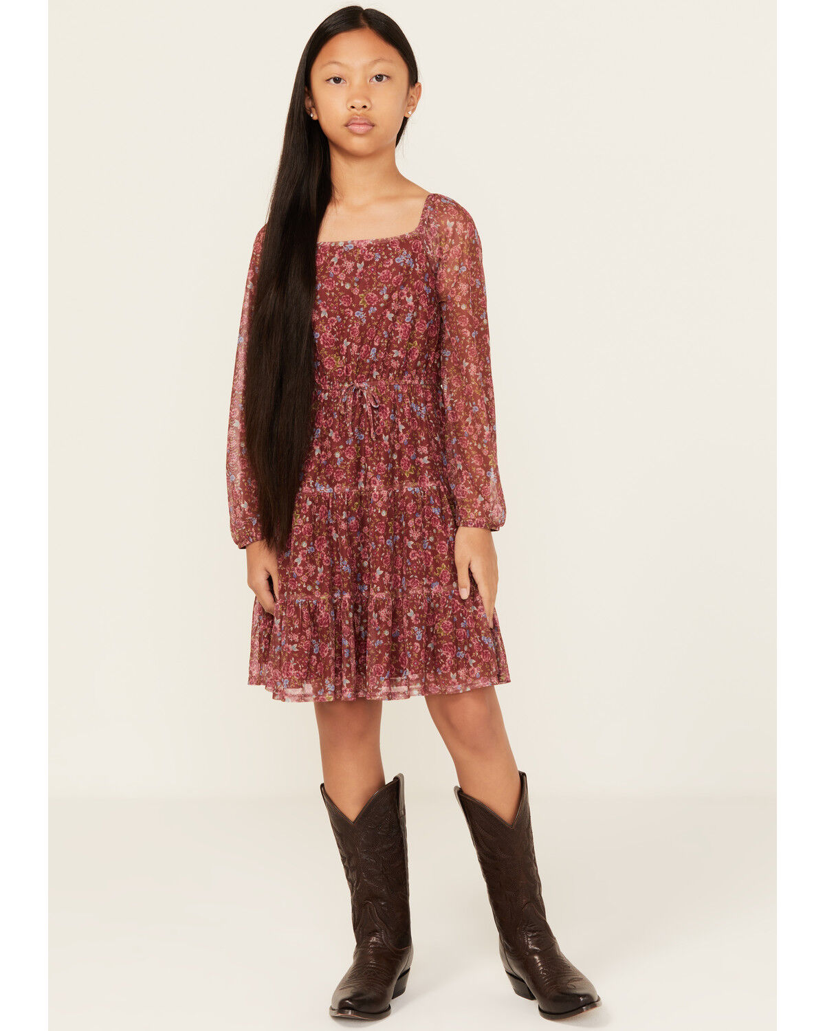 Girls' Shyanne Floral Print Mesh Long Sleeve Mini Dress