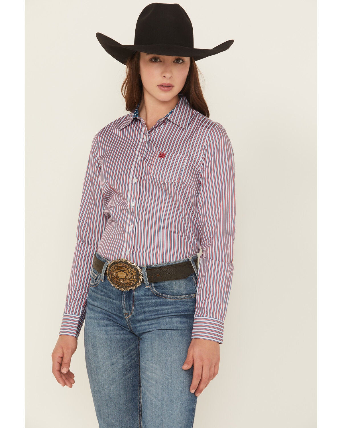 Women's Cinch Striped Print Long Sleeve Button-Down Shirt