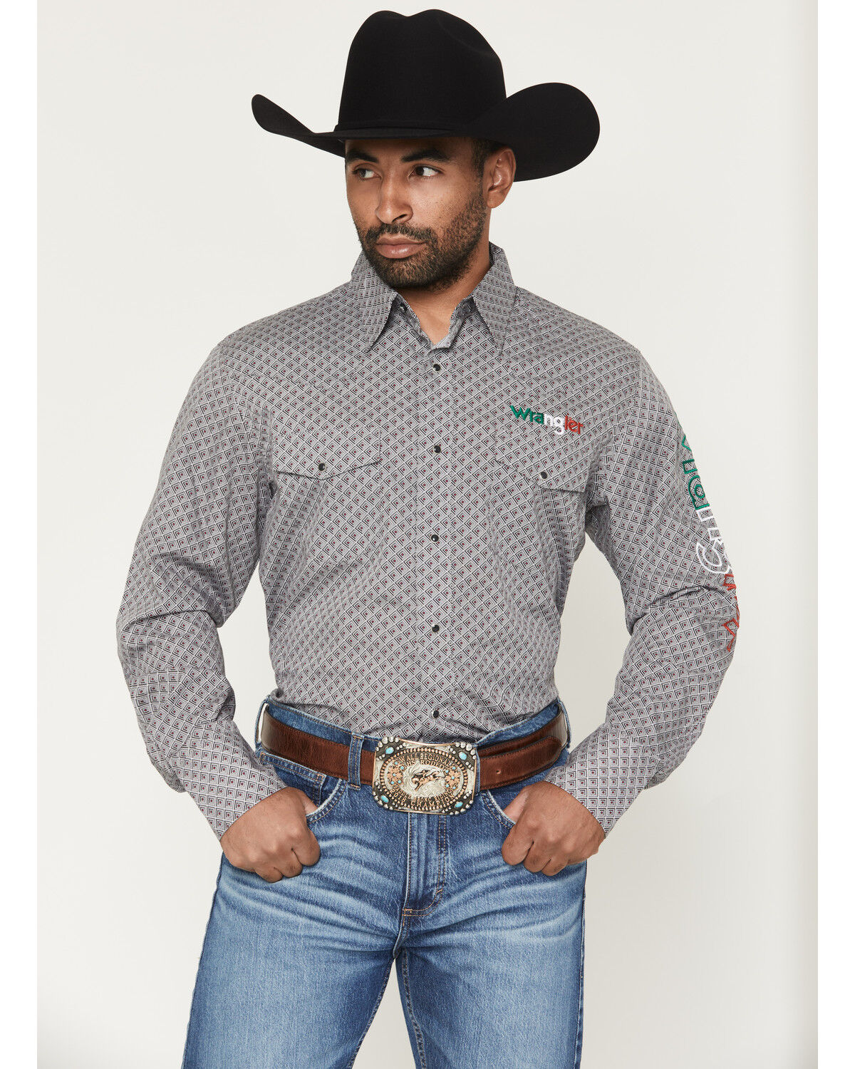 Men's Wrangler Mexico Logo Geo Print Long Sleeve Snap Western Shirt