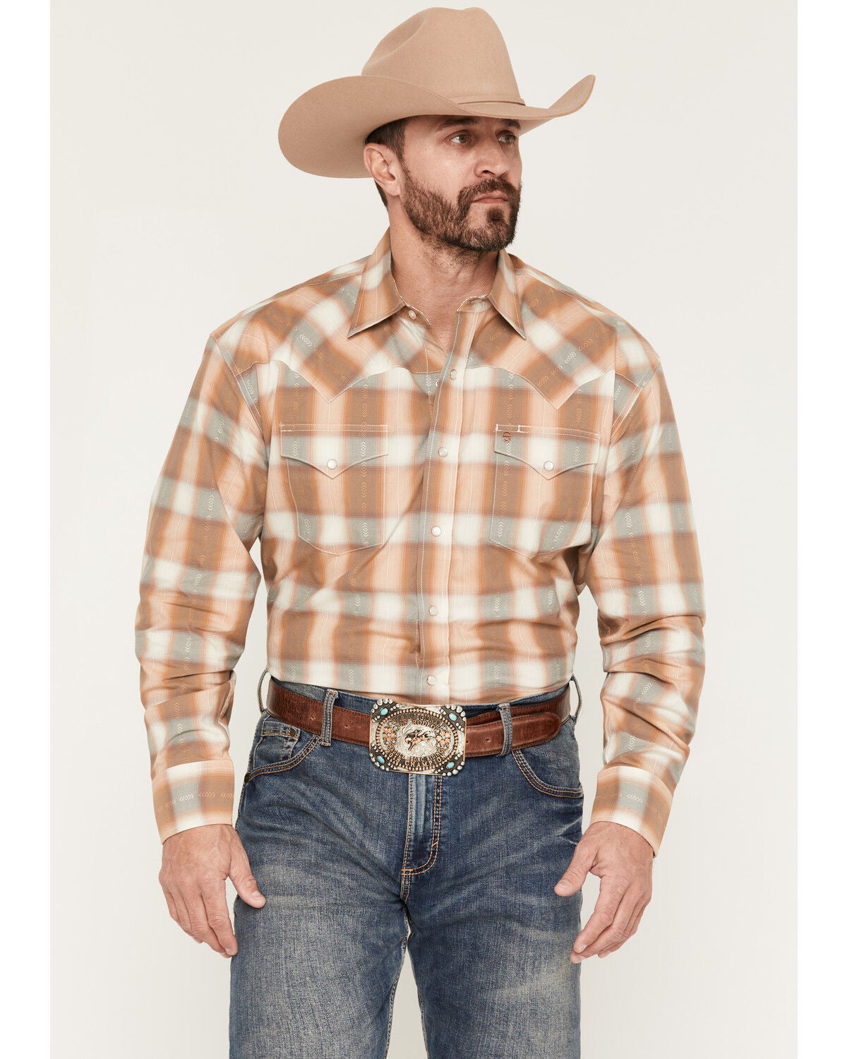 Men's Stetson Dobby Plaid Print Long Sleeve Snap Western Shirt
