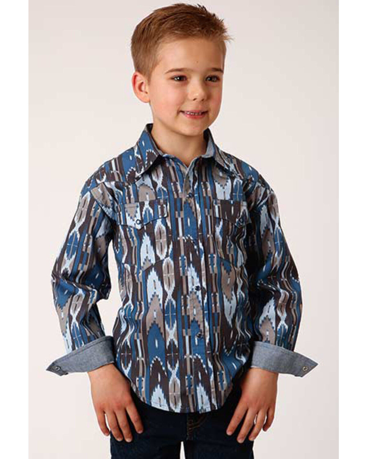 Boys' Roper West Made Midnight Southwestern Print Long Sleeve Western