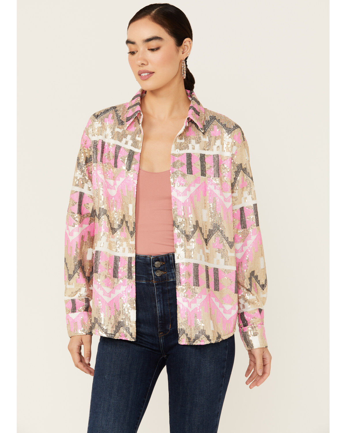 Women's Mainstrip Sequins Long Sleeve Button-Down Shacket
