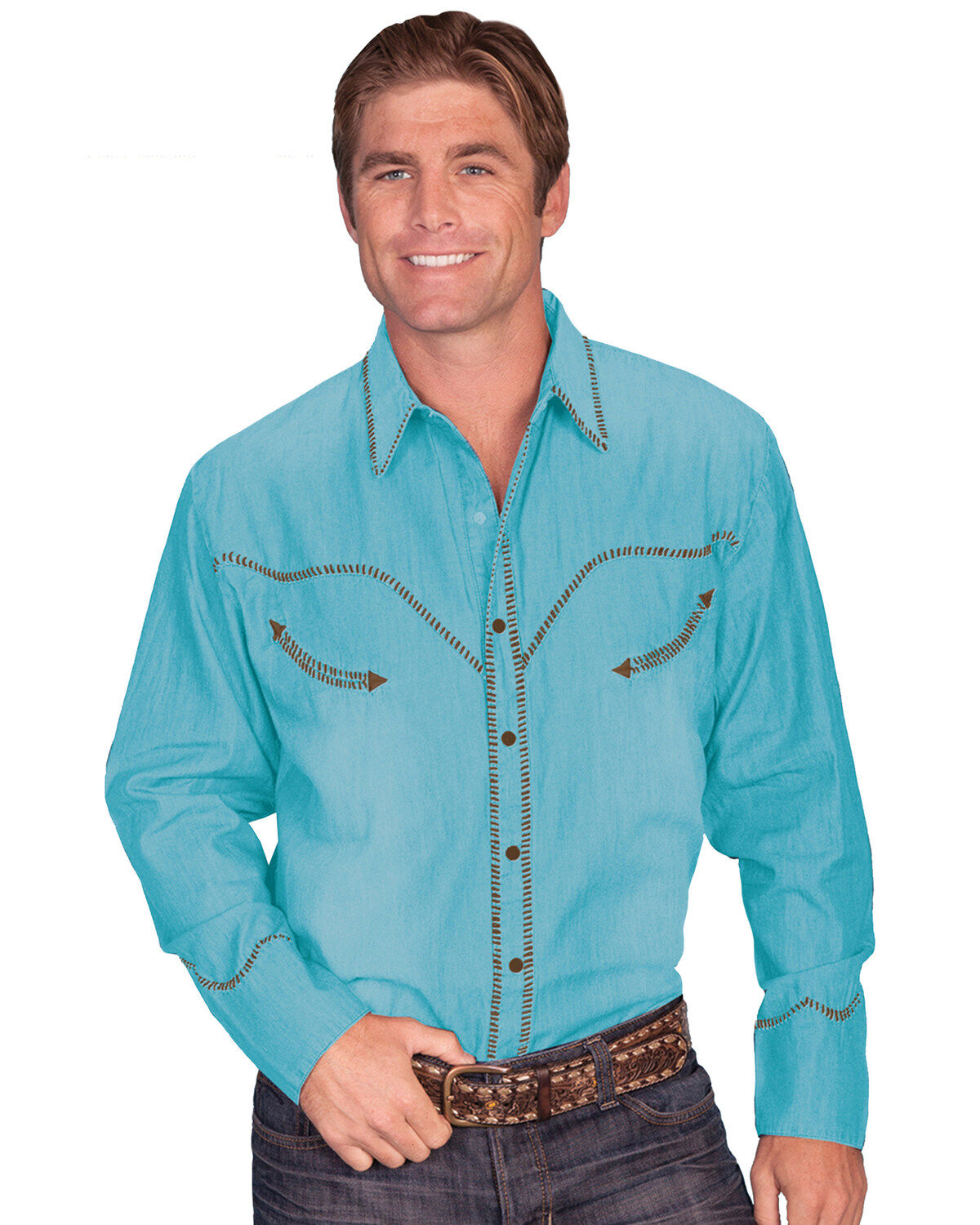 Men's Scully Solid Whipstitch Denim Retro Long Sleeve Western Shirt