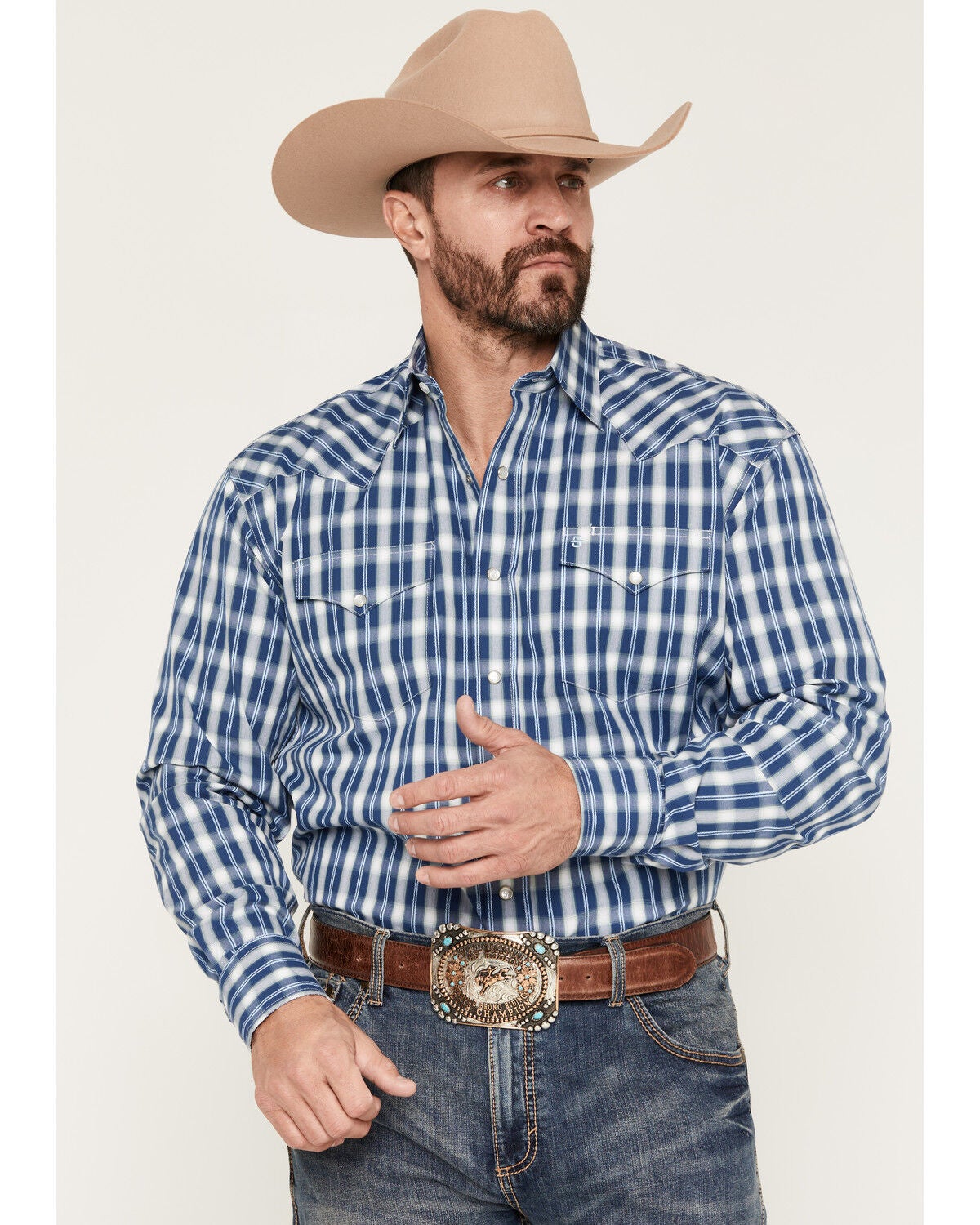Men's Stetson Dobby Plaid Print Long Sleeve Snap Western Shirt