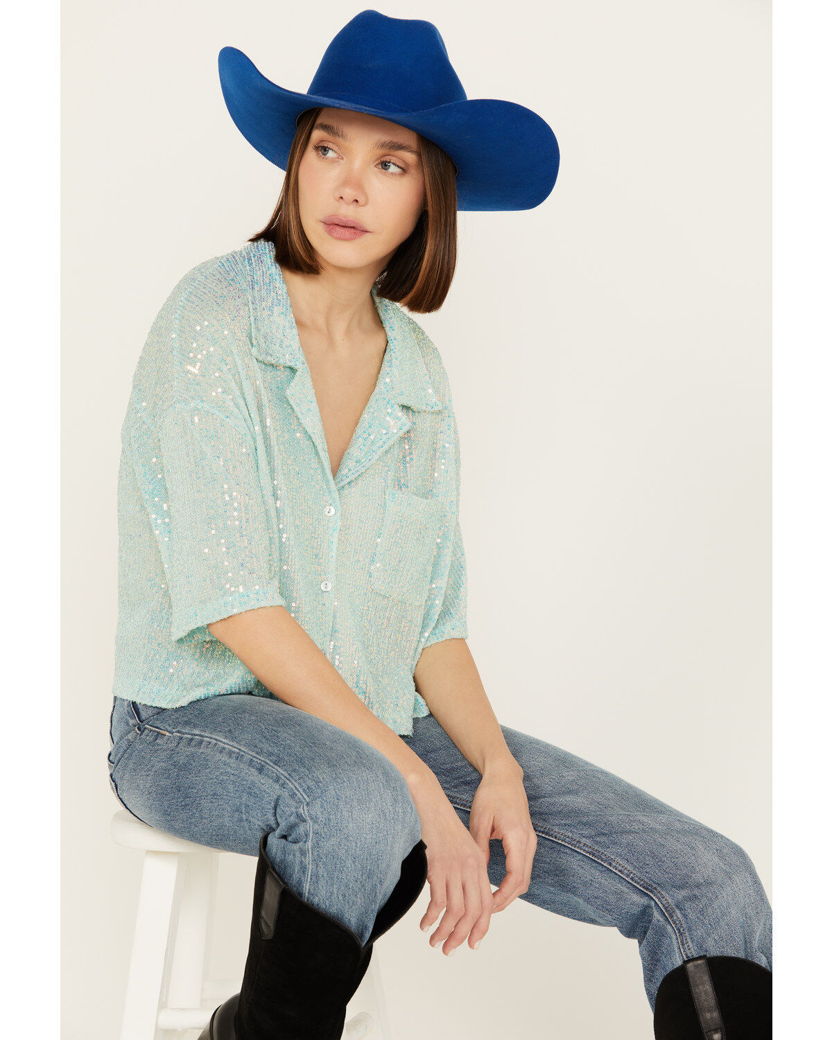 Women's POL Sequin Button Up Top