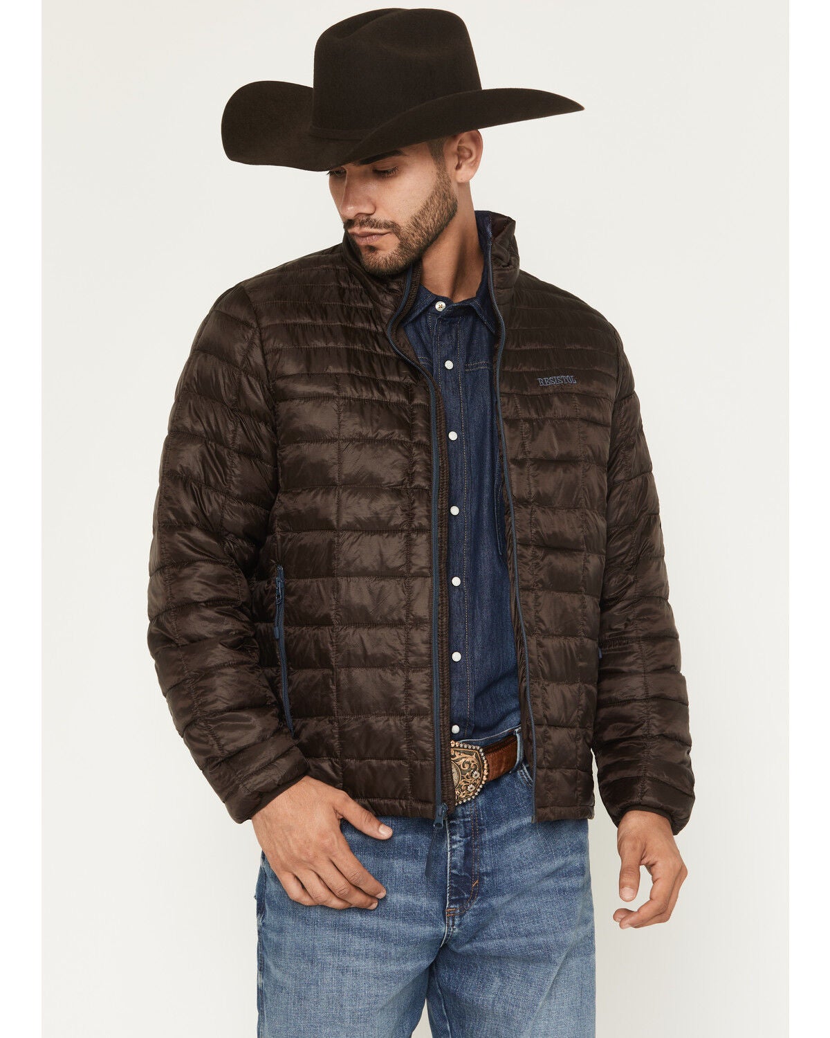 Resistol Men’s Cold Bloq Insulated Puffer Jacket in Dark Brown – Lightweight Quilted Western Zip Coat, Size Small