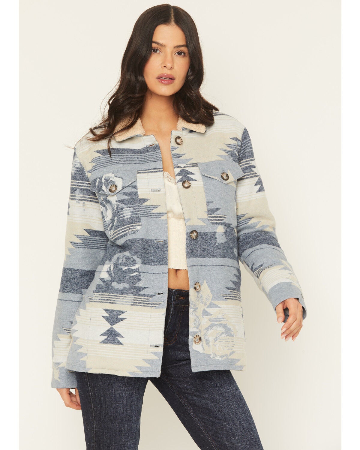 Women's Idyllwind Bluerose Southwestern Floral Print Sherpa Lined Jack