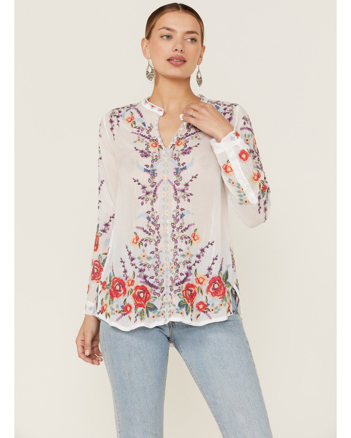 Women's Johnny Was Yasmine Embroidered Long Sleeve White Blouse