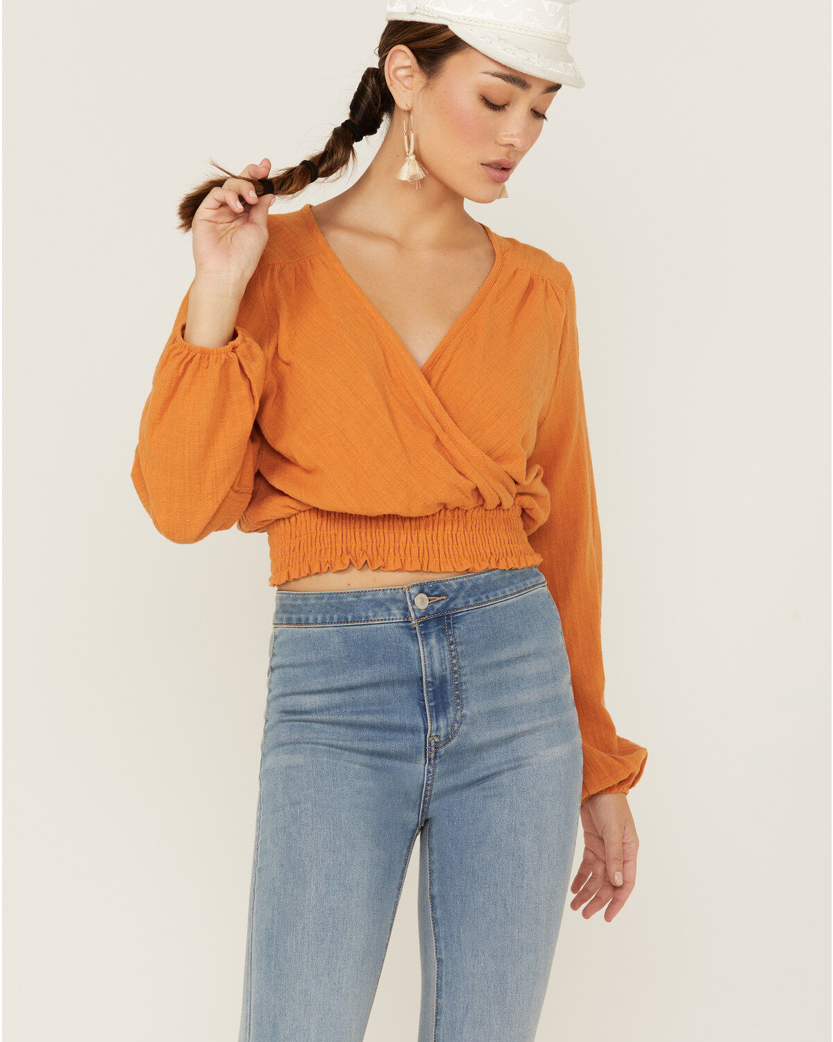 Women's Saints & Hearts Long Sleeve Surplice Smocked Waist Crop Top