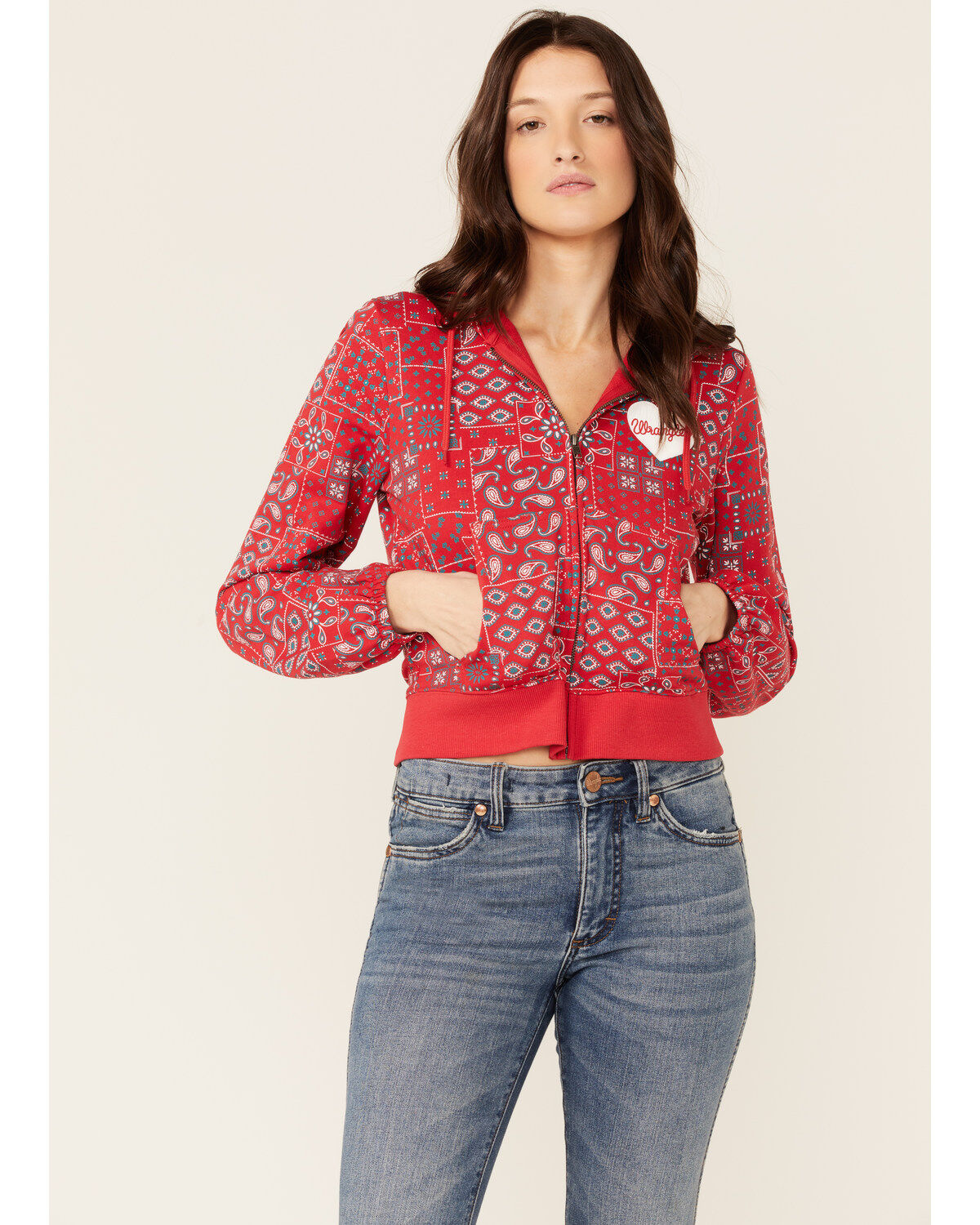 Women's Wrangler Bandana Print Red Crop Zip Hooded Jacket