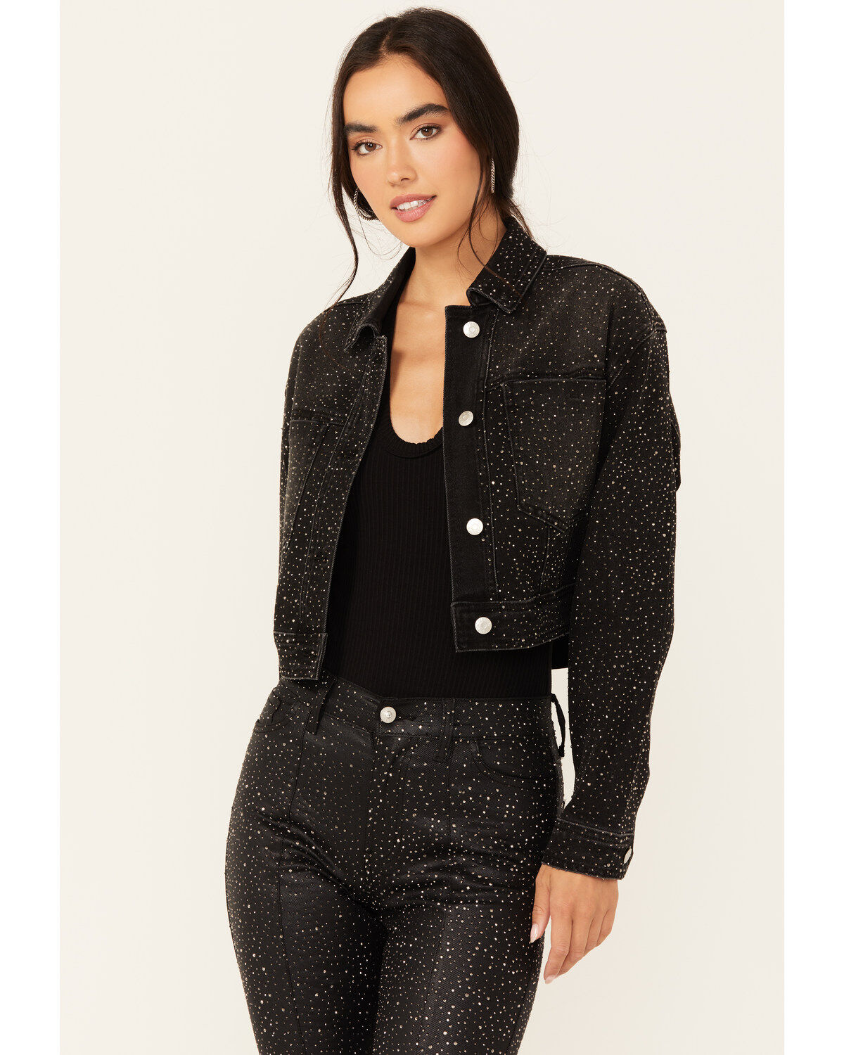 Women's Vibrant Denim Rhinestone Cropped Denim Trucker Jacket