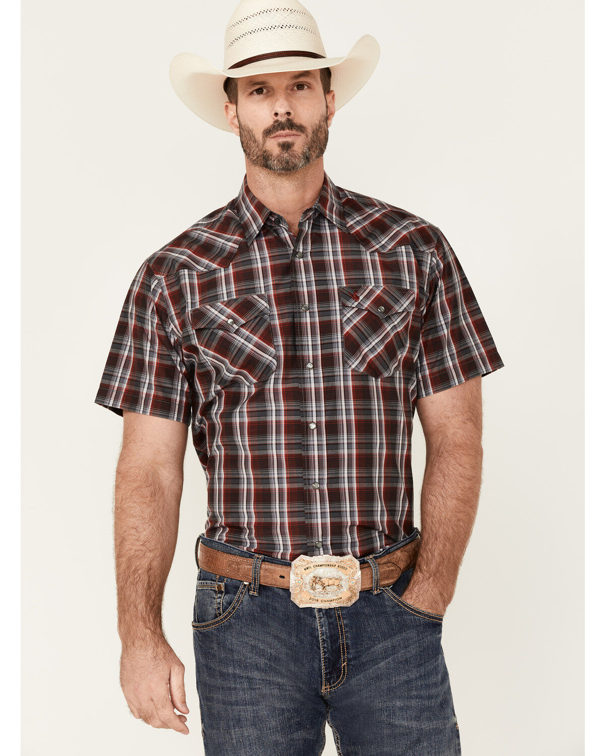 Men's Rodeo Clothing Red & Grey Plaid Short Sleeve Snap Western Shirt