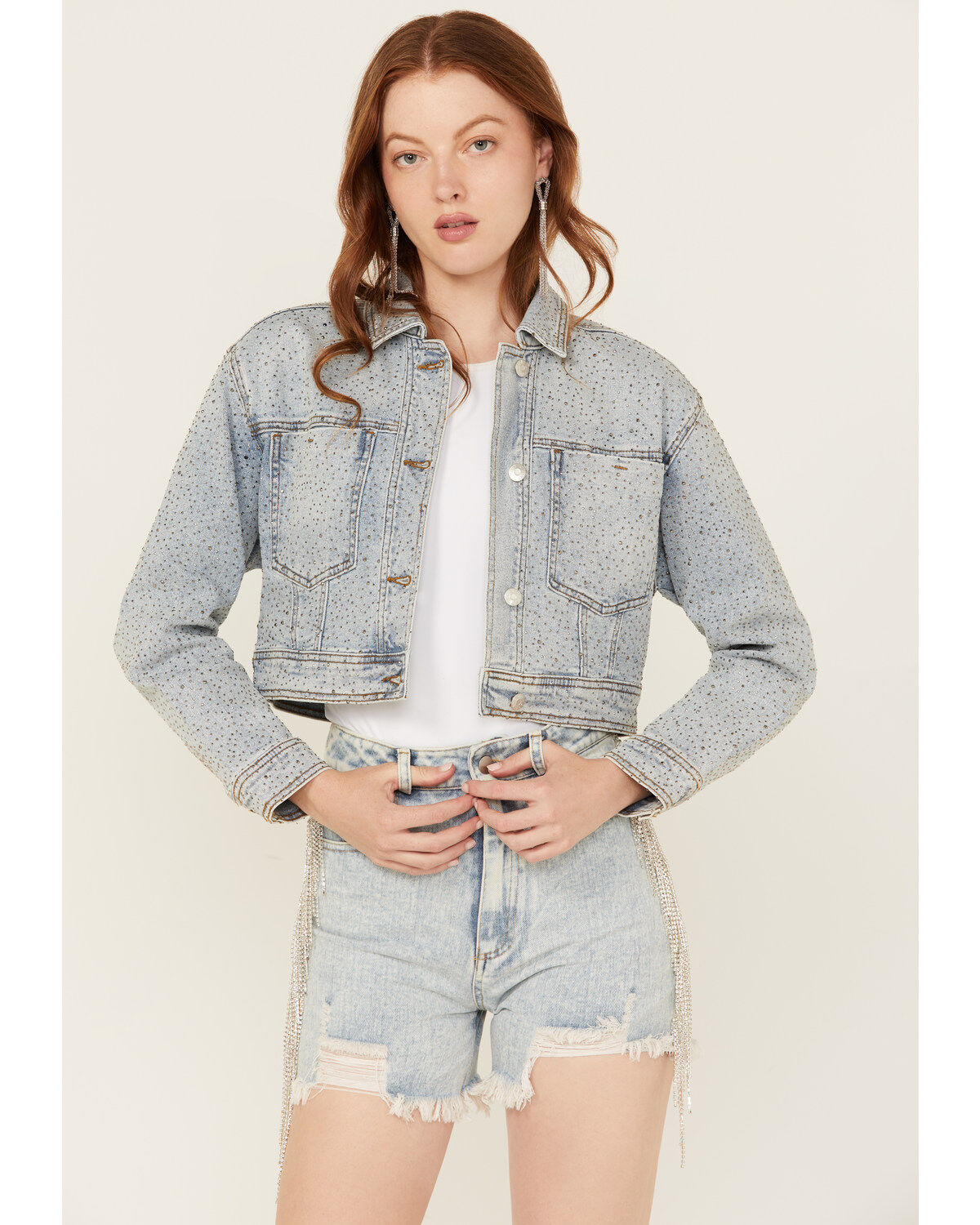 Women's Vibrant Denim Light Wash Rhinestone Cropped Denim Trucker Jack