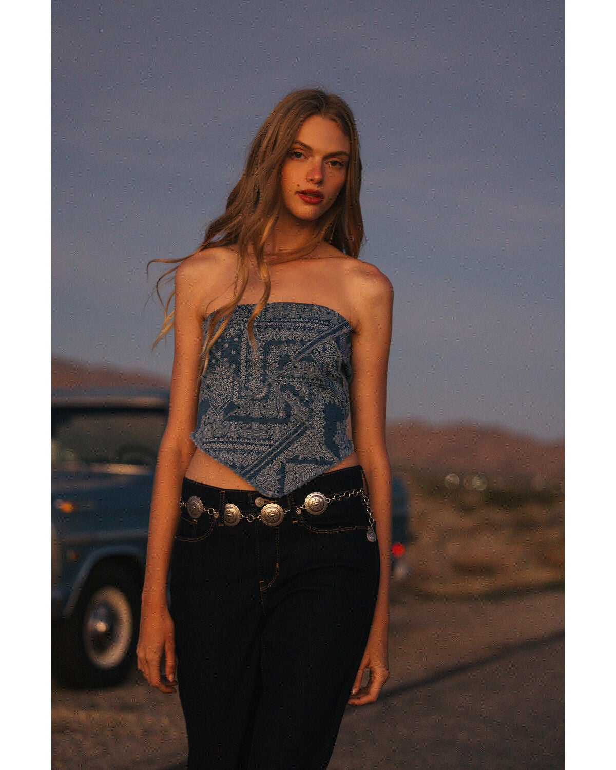 Women's Cleo + Wolf Bandana Print Strapless Denim Tie Shirt