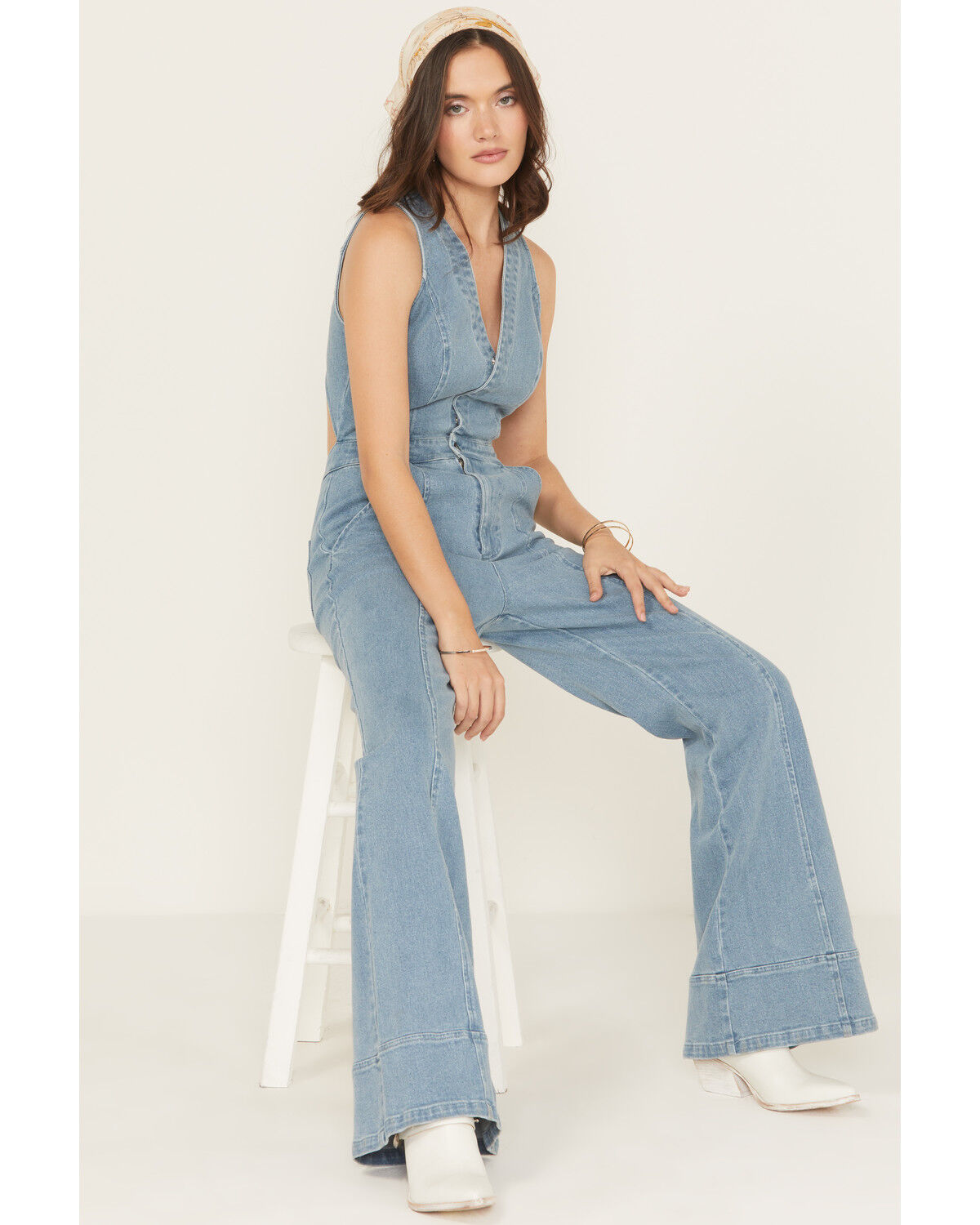 Women's Flying Tomato Light Wash Open Back Denim Jumpsuit