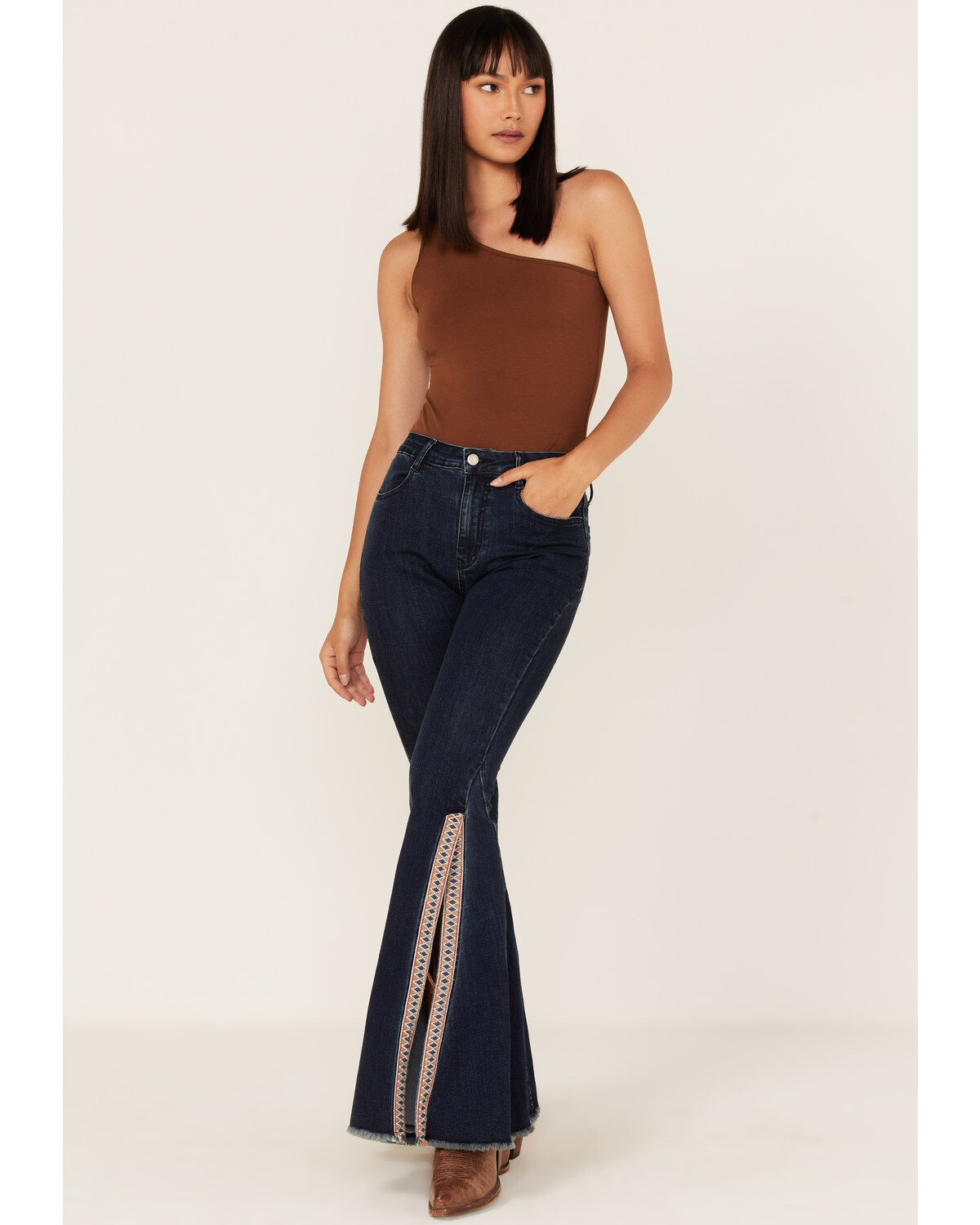 Women's Saints & Hearts Dark Wash High Rise Embroidered Slit Flare Jea