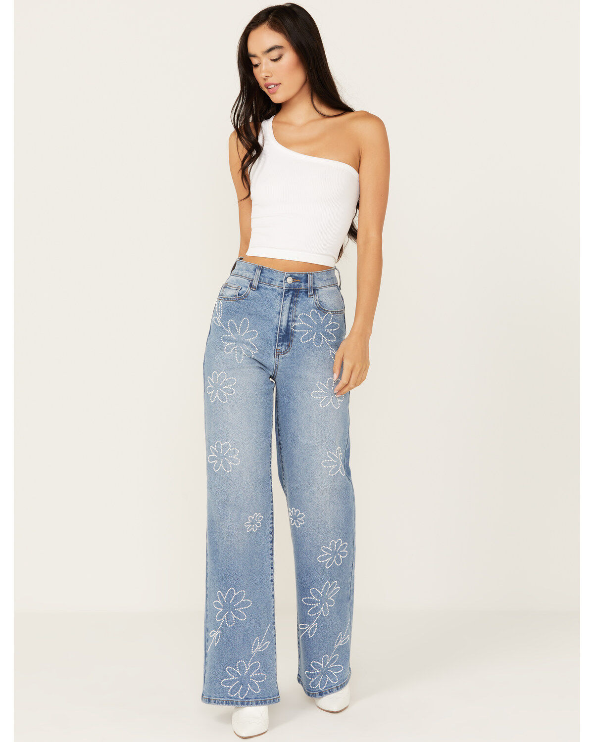 Women's Vibrant Denim Medium Wash High Rise Floral Stretch Wide Leg Je